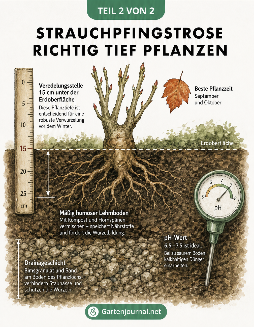 Bodenquerschnitt einer gepflanzten Strauchpfingstrose mit Veredelungsstelle unter der Erde, Drainageschicht und pH-Wert-Skala