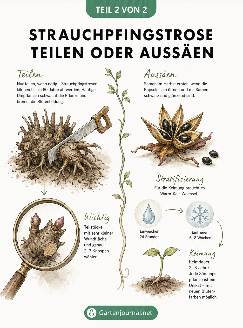 Illustration zur vegetativen Teilung und generativen Vermehrung von Strauchpfingstrosen durch Samen