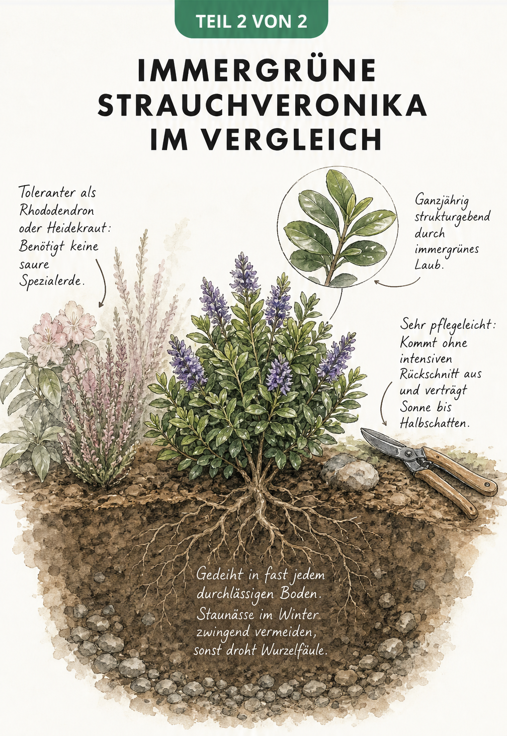 Gartenbau-Poster einer Strauchveronika im Beet, das die Pflegeleichtigkeit, Bodenansprüche und den Vergleich zu Rhododendron und Heidekraut illustriert.