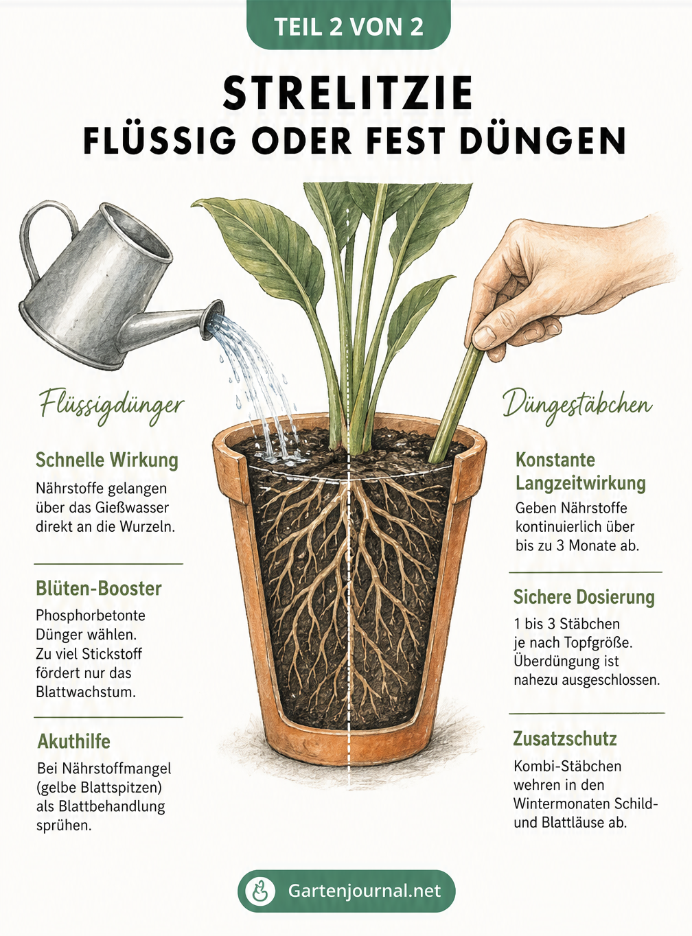 Vergleich von Flüssigdünger und Düngestäbchen für die Strelitzie