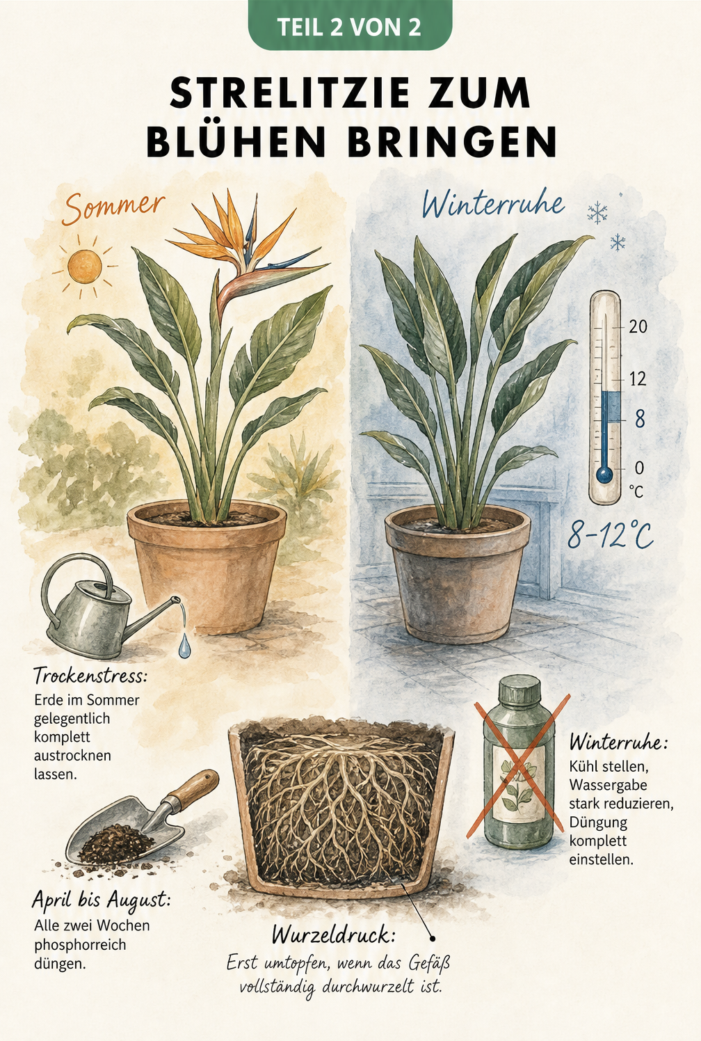 Zweiteilige Illustration zur Pflege der Strelitzie: Sommerphase mit Trockenstress und Düngung sowie Winterruhe mit kühlen Temperaturen und reduzierter...