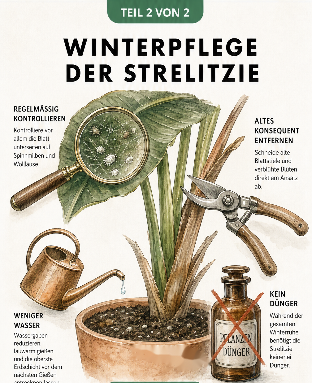 Aquarell-Illustration zur Winterpflege der Strelitzie mit Fokus auf Schädlingskontrolle, Gießen und Düngen