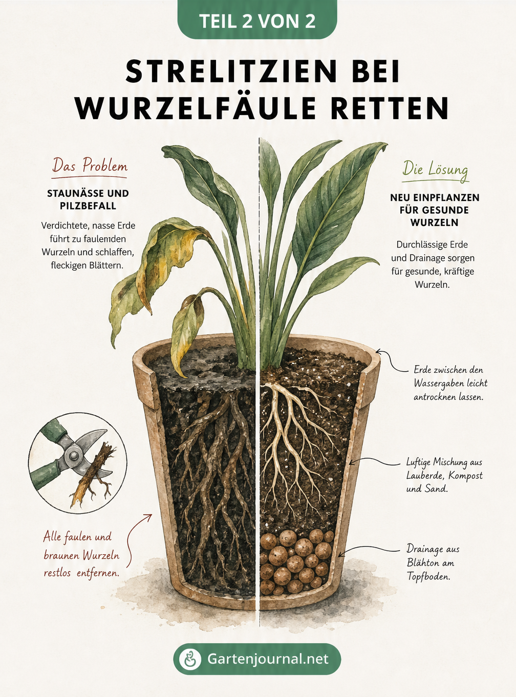 Schnittdarstellung eines Pflanztopfes, die kranke Wurzeln durch Staunässe und gesunde Wurzeln mit Drainage zeigt