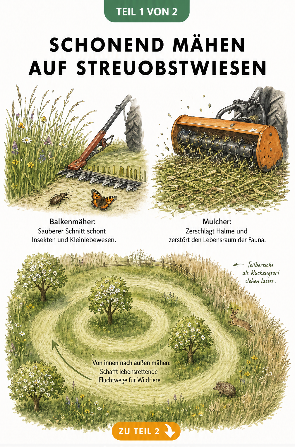 Illustration zum schonenden Mähen auf Streuobstwiesen mit Vergleich von Balkenmäher und Schlegelmulcher sowie Mähstrategie von innen nach außen