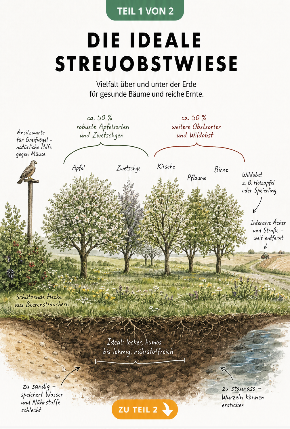 Querschnitt einer Streuobstwiese mit Obstbäumen, Hecke, Ansitzstange und Bodenbeschaffenheit