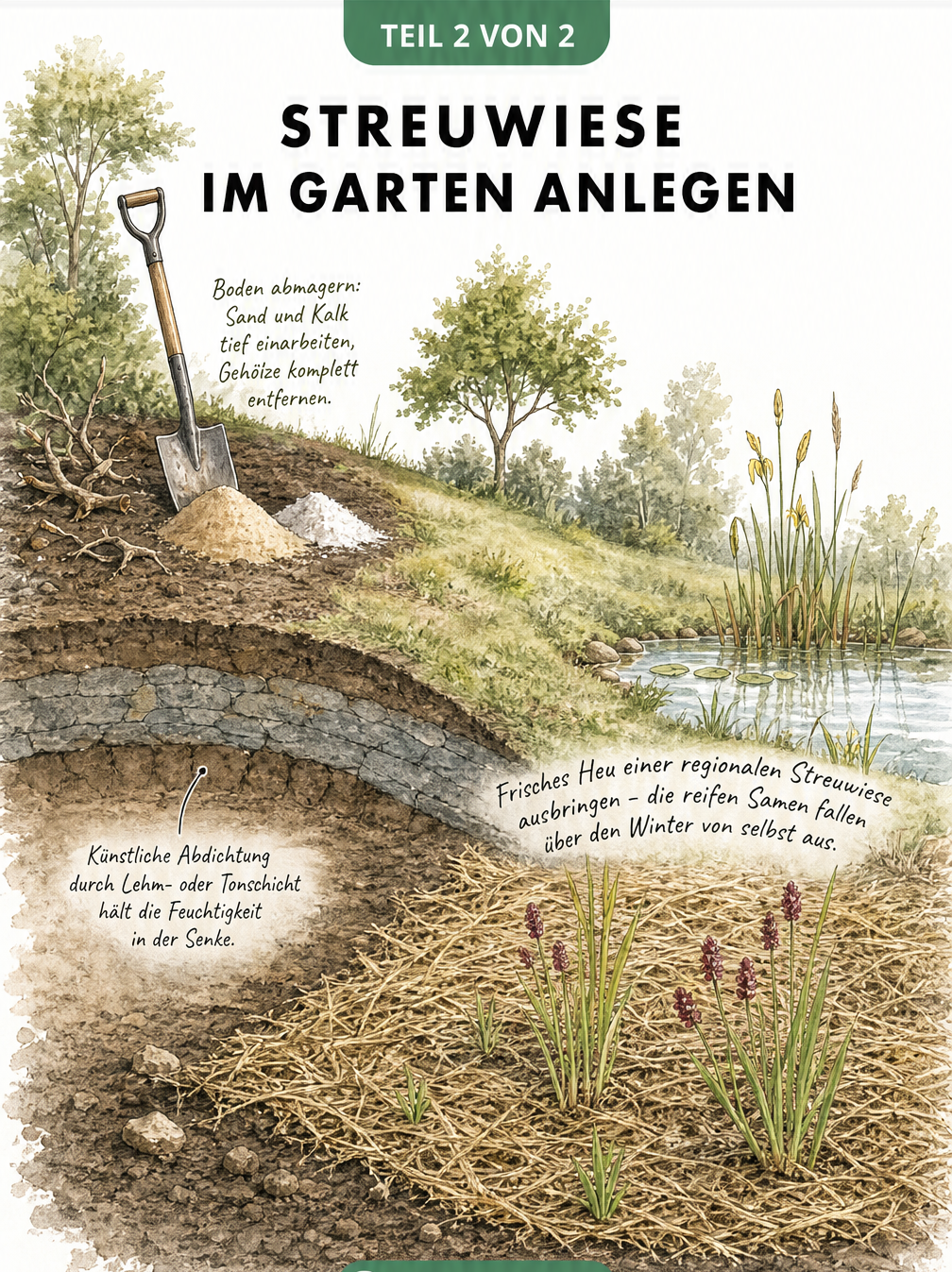 Gartenskizze zur Anlage einer Streuwiese mit Bodenvorbereitung, Lehmschicht und Heumulchen am Teich