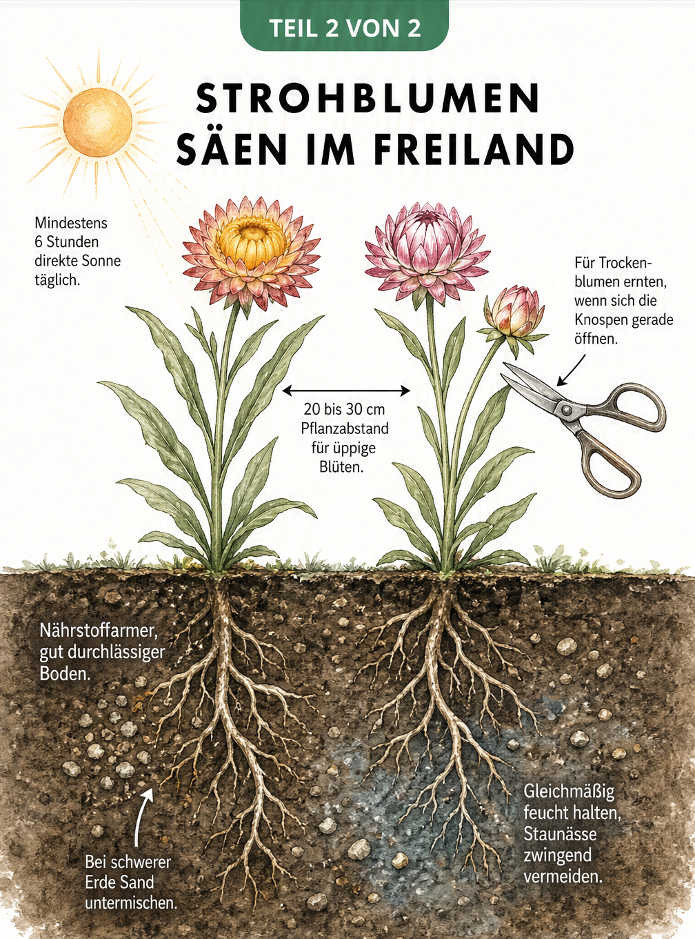 Querschnitt-Zeichnung eines Gartenbeets mit Strohblumen, Sonne und Wurzeln