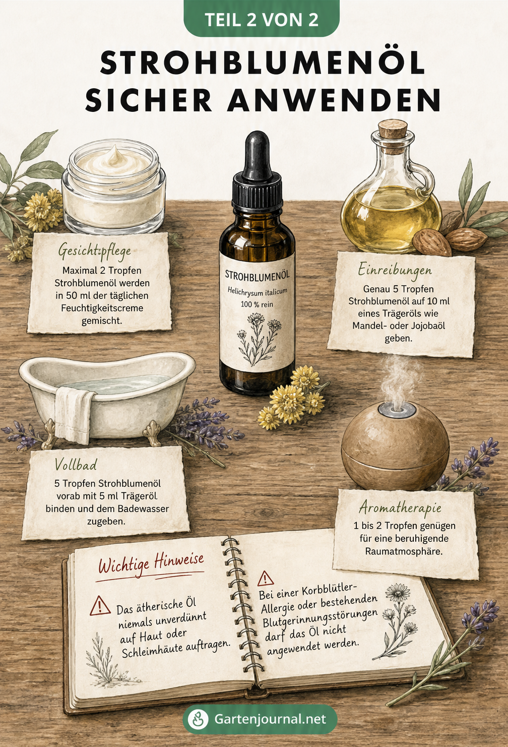 Illustration eines Apotheker-Tisches mit Fläschchen, Tiegel und Diffuser zur sicheren Dosierung und Anwendung von Strohblumenöl