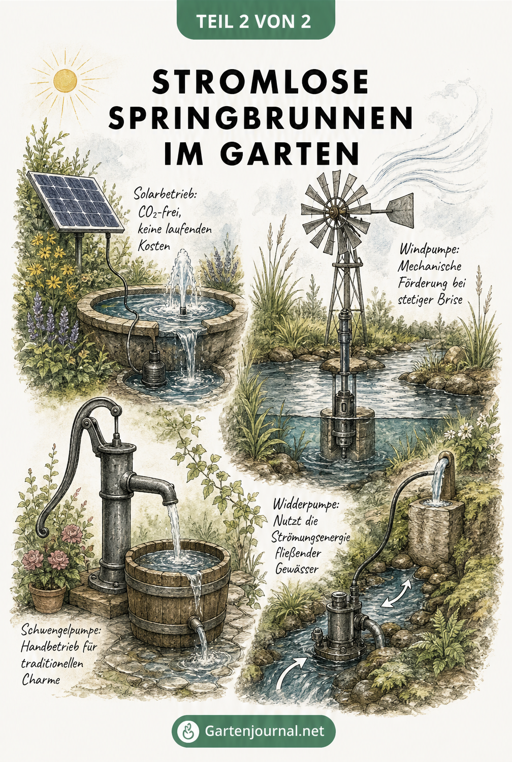Vier Skizzen von stromlosen Wasserpumpen: Solarbrunnen, Windpumpe, Schwengelpumpe und Widderpumpe