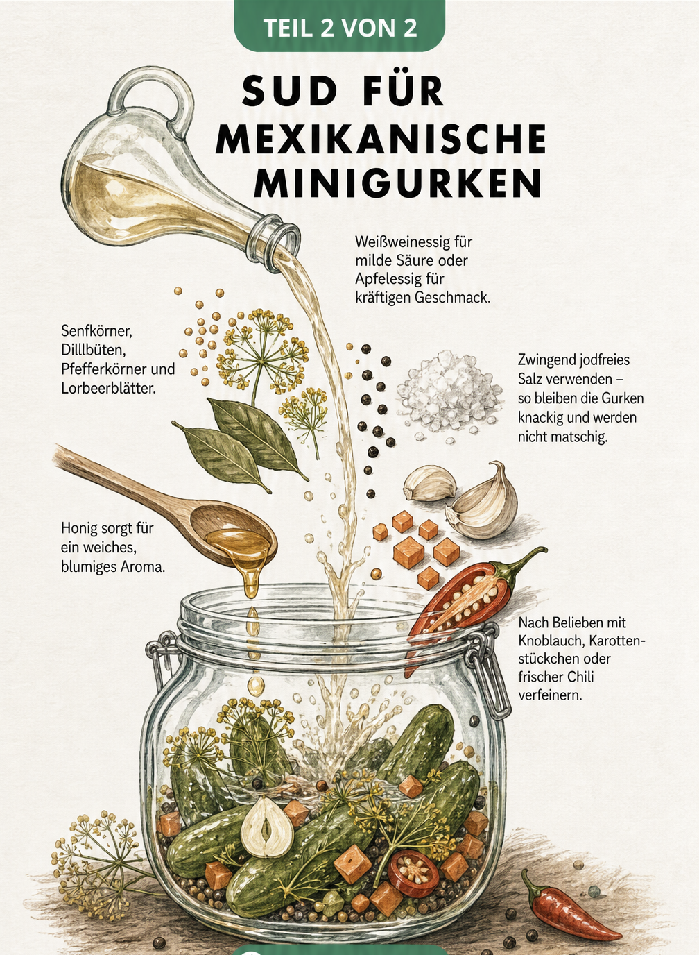 Zeichnung eines Einmachglases mit Zutaten für den Sud: Essig, Senfkörner, Dill, Pfeffer, Lorbeer, Salz, Honig, Knoblauch, Karotten und Chili.