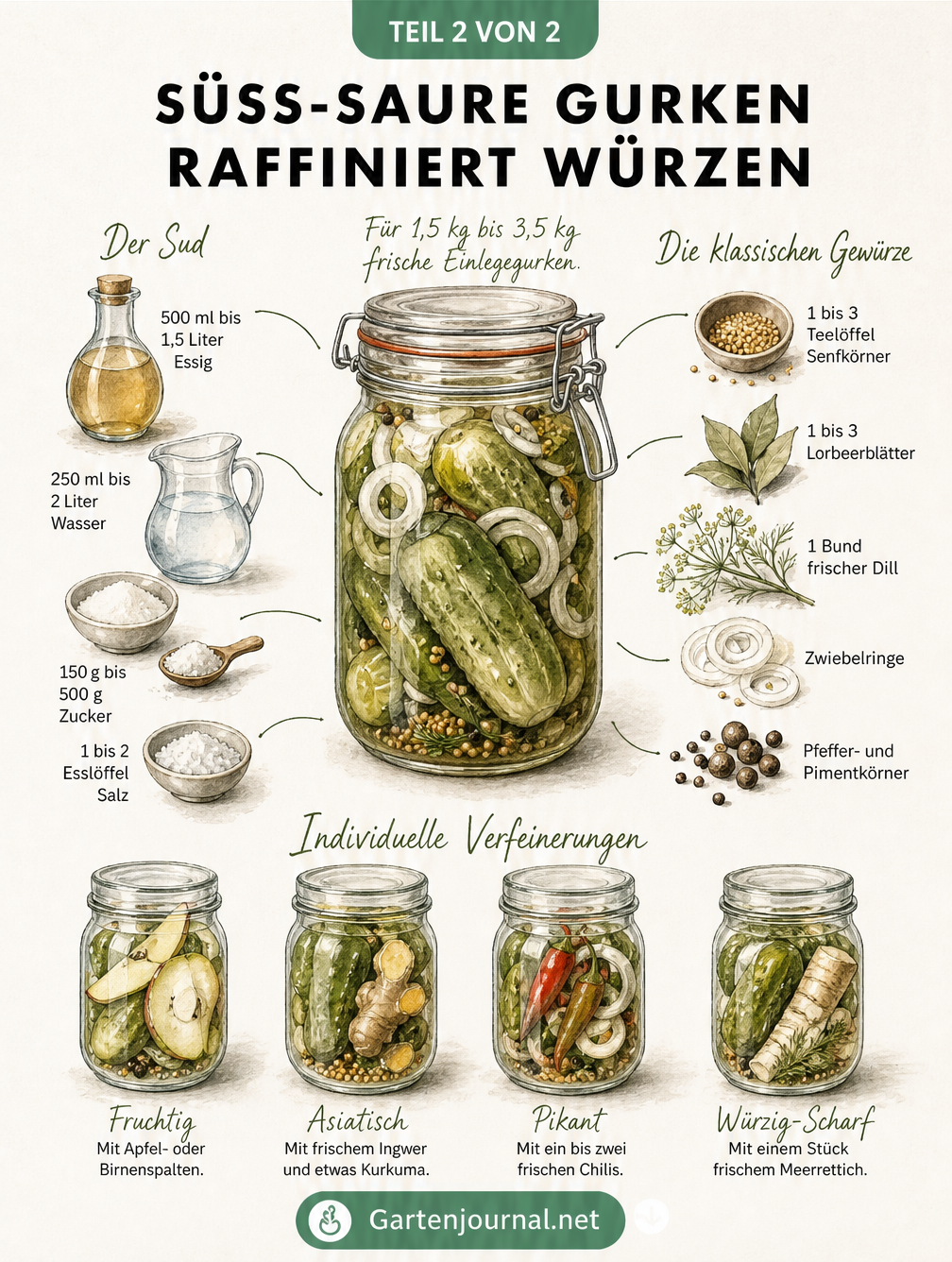 Vintage-Illustration eines Einmachglases mit Gurken, umgeben von Zutaten für den Sud und klassischen Gewürzen sowie vier Variationen.