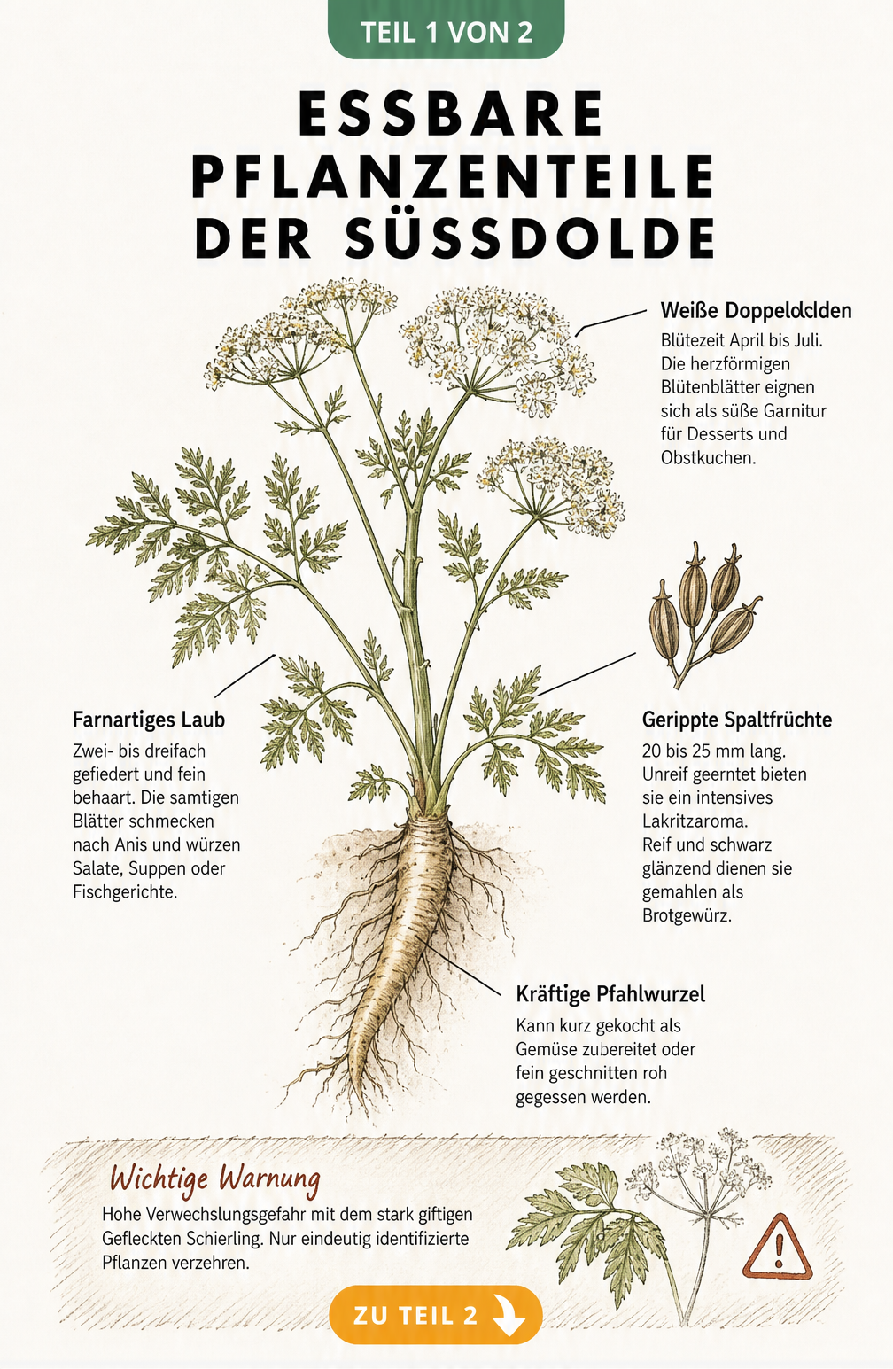 Botanische Illustration der Süßdolde mit Beschriftung der essbaren Pflanzenteile wie Blüten, Samen, Blätter und Wurzel