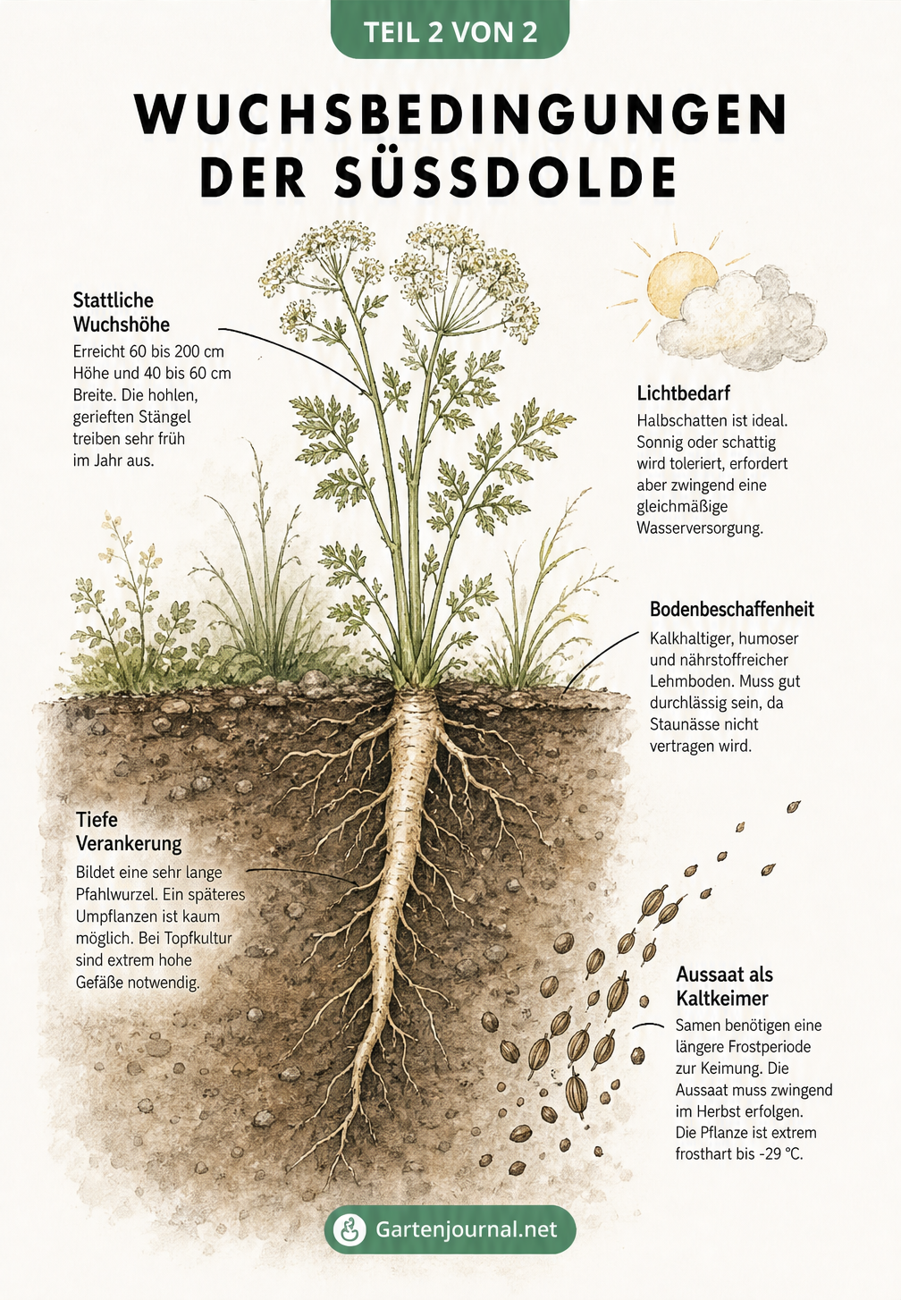 Querschnitt eines Gartenbeets mit der Süßdolde, der Wuchshöhe, dem Lichtbedarf, der Bodenbeschaffenheit und der langen Pfahlwurzel