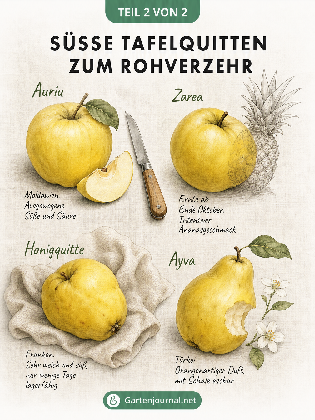 Illustration von vier süßen Tafelquitten zum Rohverzehr: Auriu, Zarea, Honigquitte und Ayva auf einer Leinentischdecke.