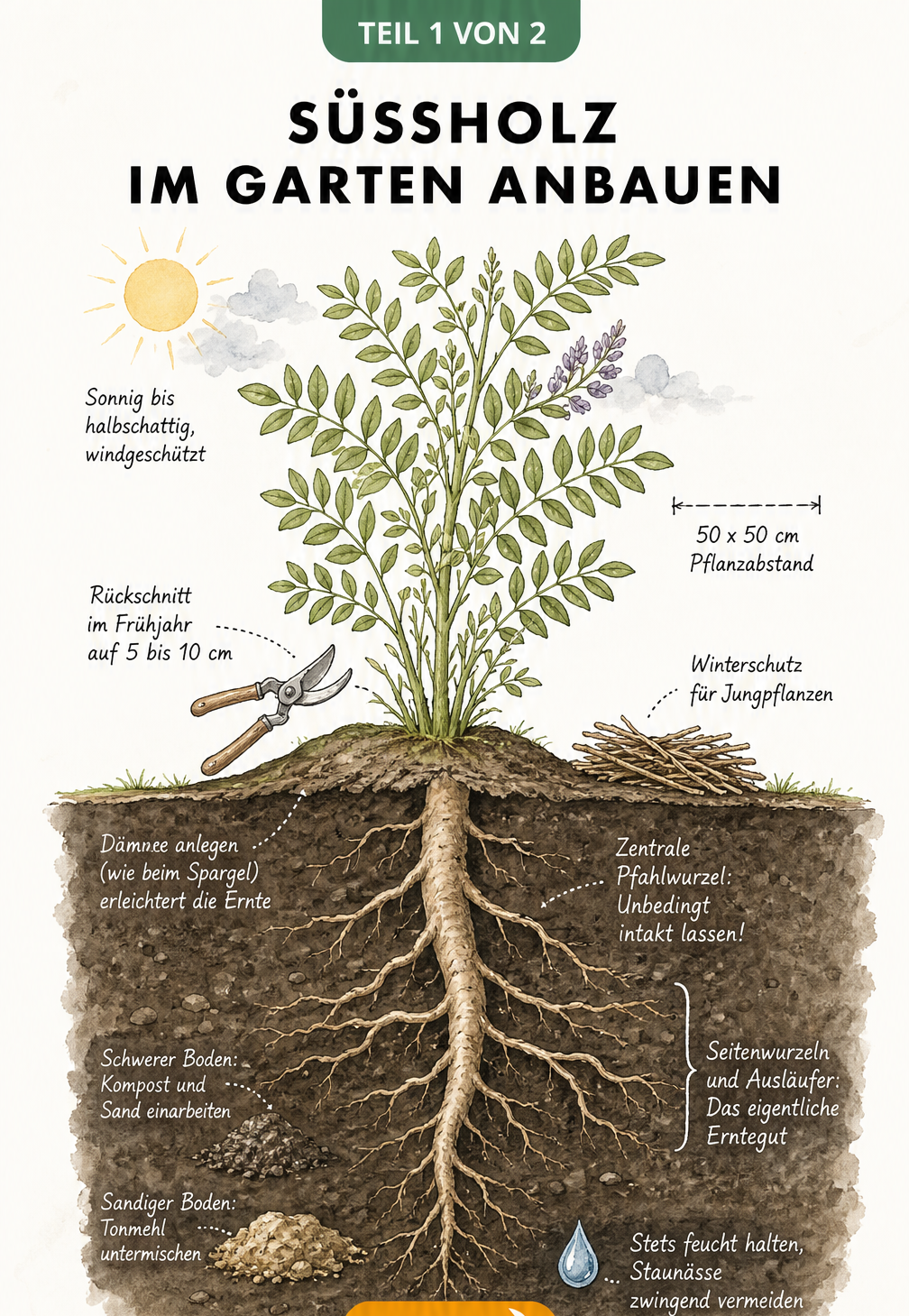 Botanische Querschnitts-Illustration einer Süßholzpflanze im Beet mit Wurzeln und Standortbedingungen
