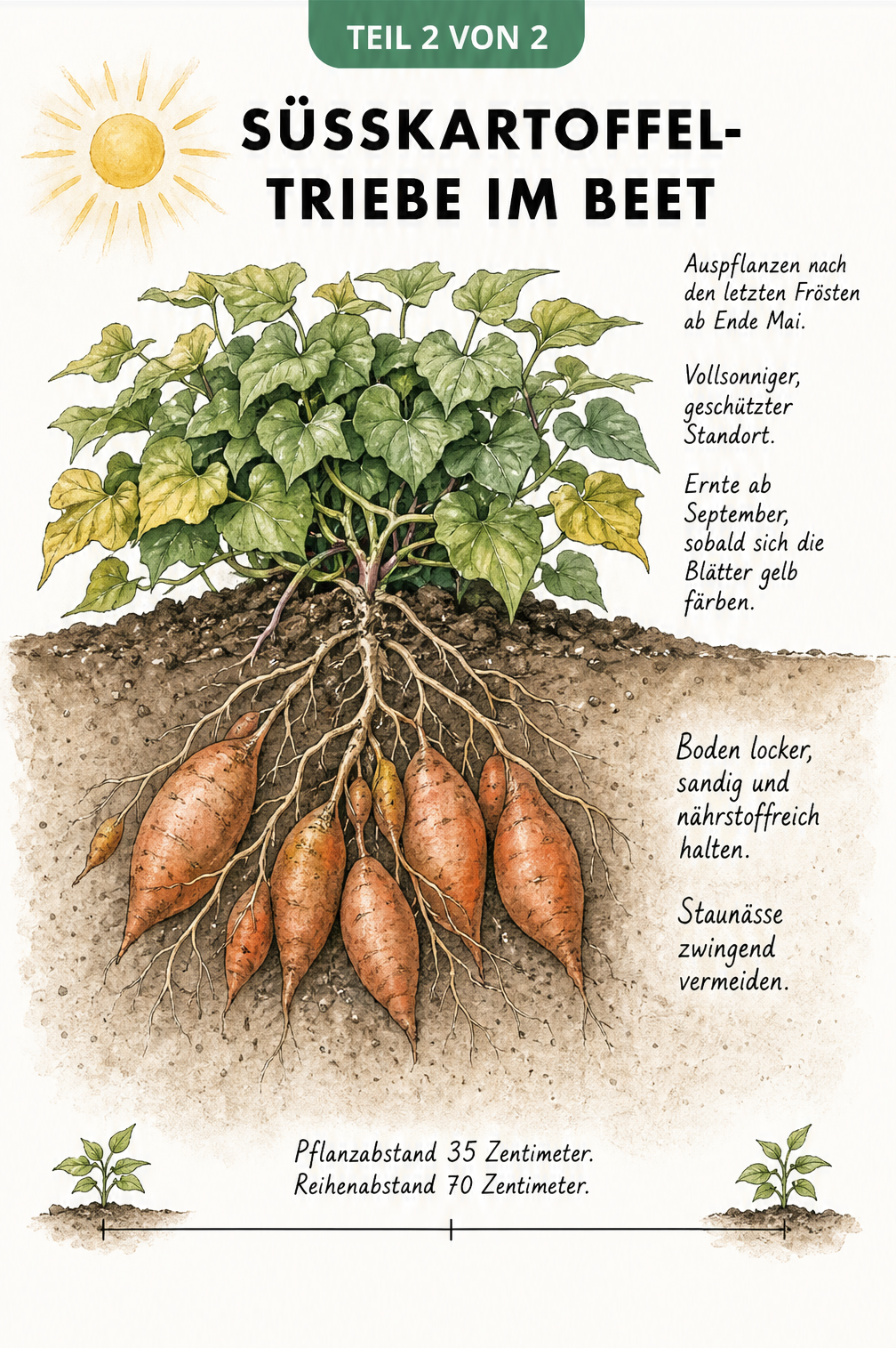 Querschnitt eines Gartenbeets mit einer ausgewachsenen Süßkartoffelpflanze, Wurzeln und Knollen