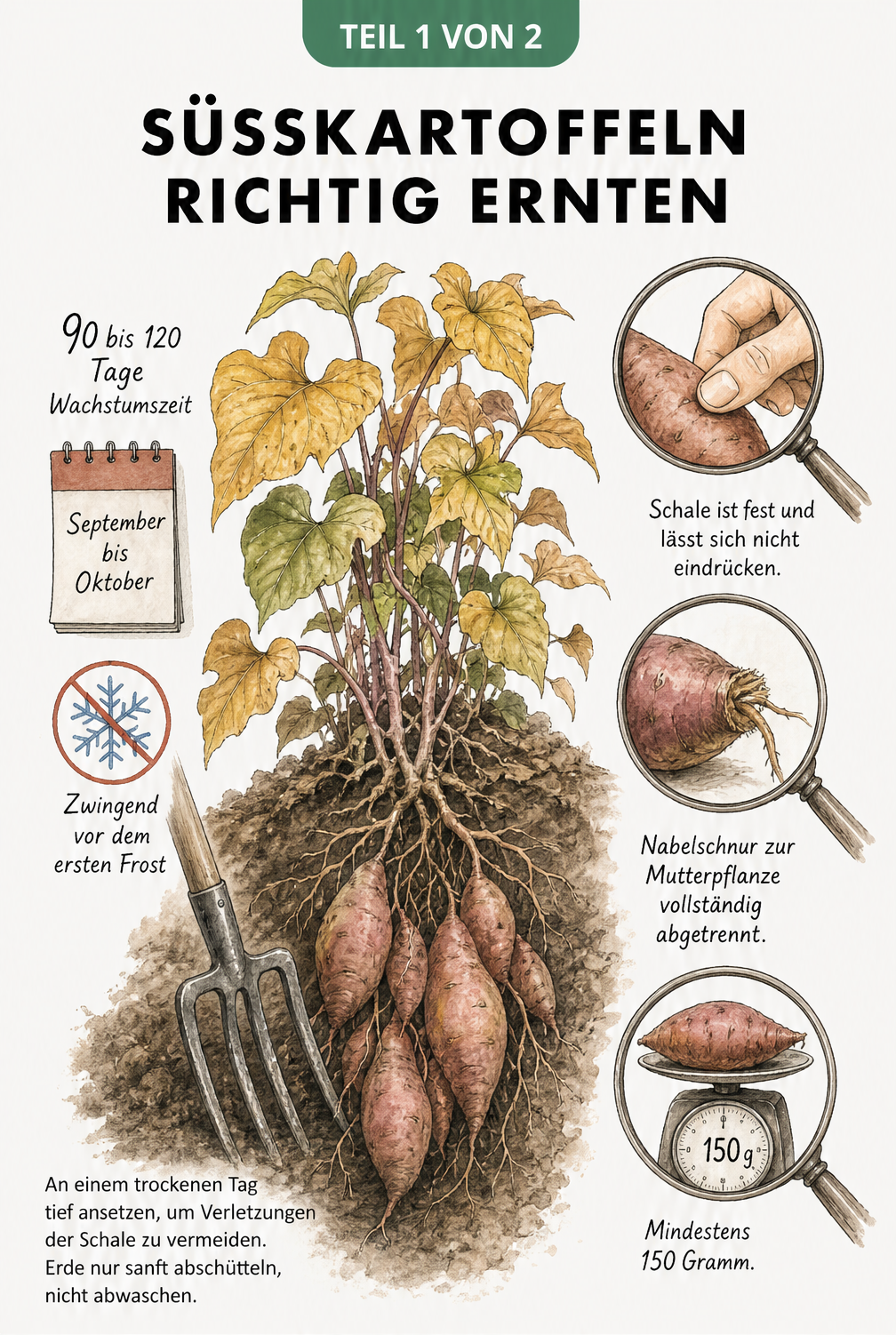 Botanische Illustration einer Süßkartoffelpflanze mit gelbem Laub und einer Grabegabel, die die Knollen im Beet anhebt.