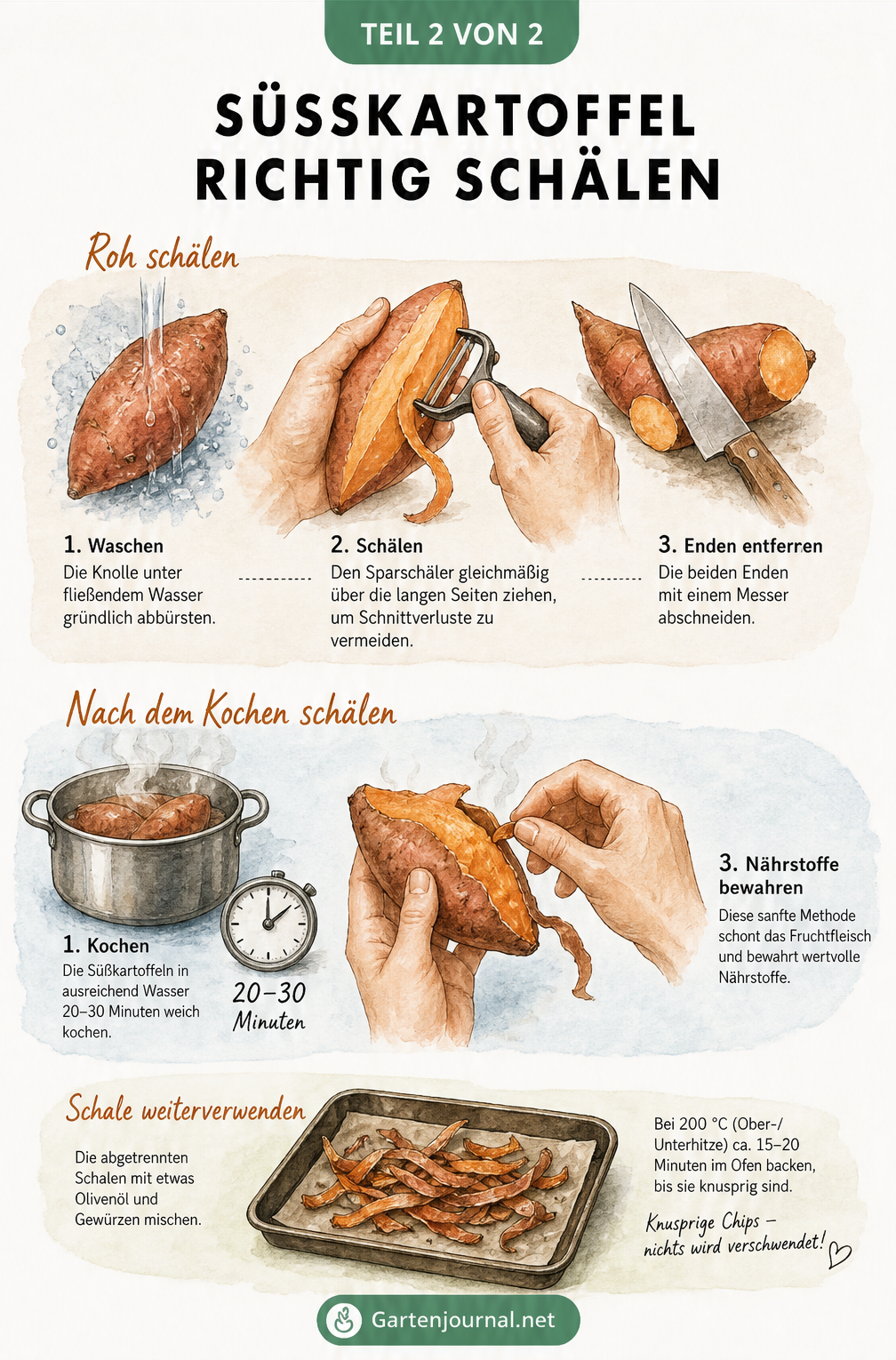 Illustrationen zum Schälen von Süßkartoffeln vor und nach dem Kochen