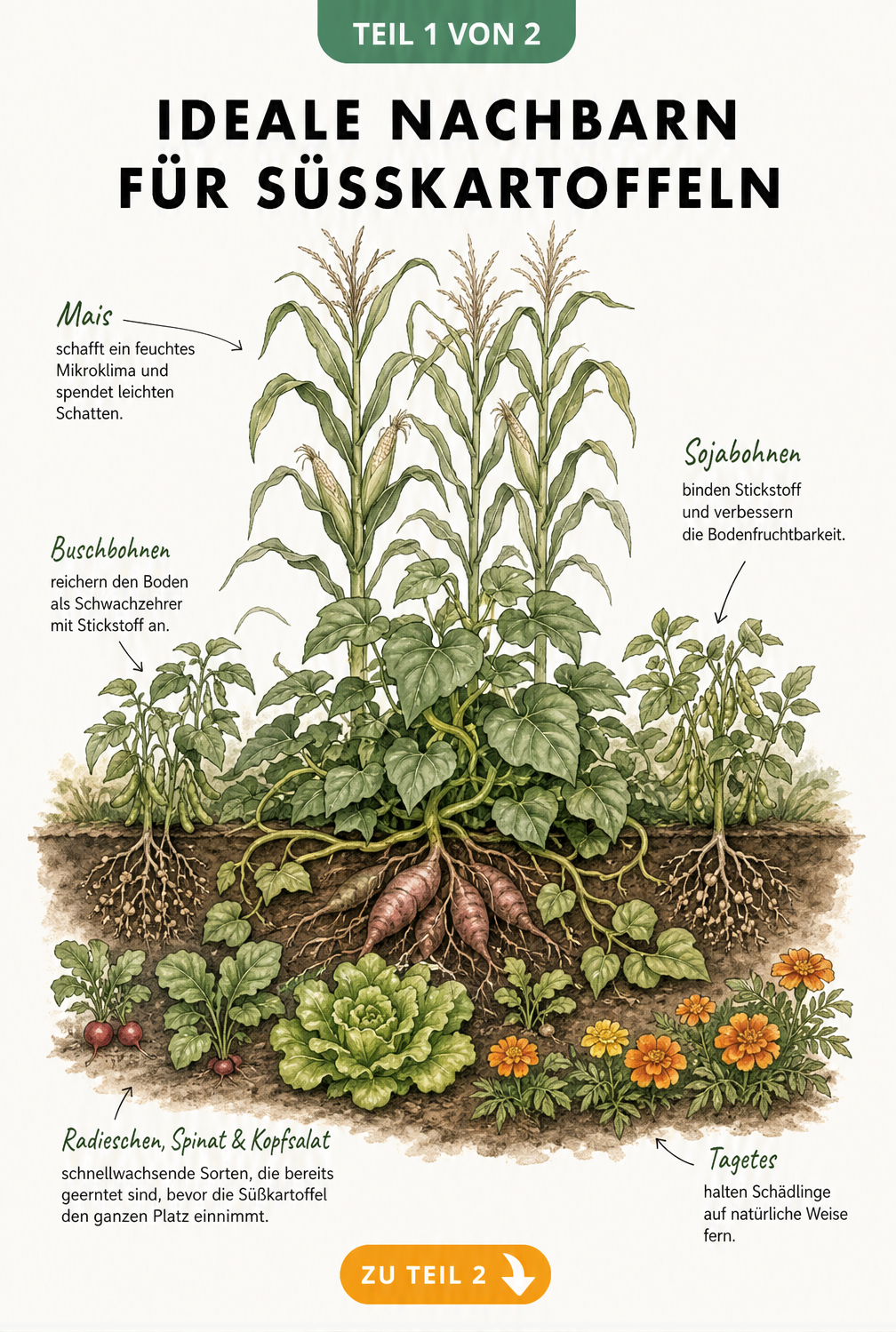 Botanische Illustration eines Mischkulturbeetes mit Süßkartoffeln, Mais, Bohnen, Tagetes, Radieschen, Spinat und Kopfsalat.