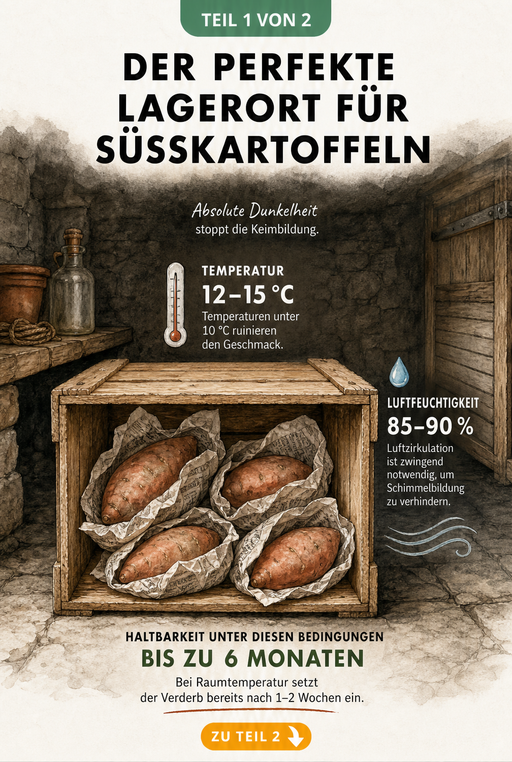 Illustration einer Holzkiste mit Süßkartoffeln im Keller, die optimale Lagerbedingungen wie 12 bis 15 Grad und 85 bis 90 Prozent Luftfeuchtigkeit zeigt.