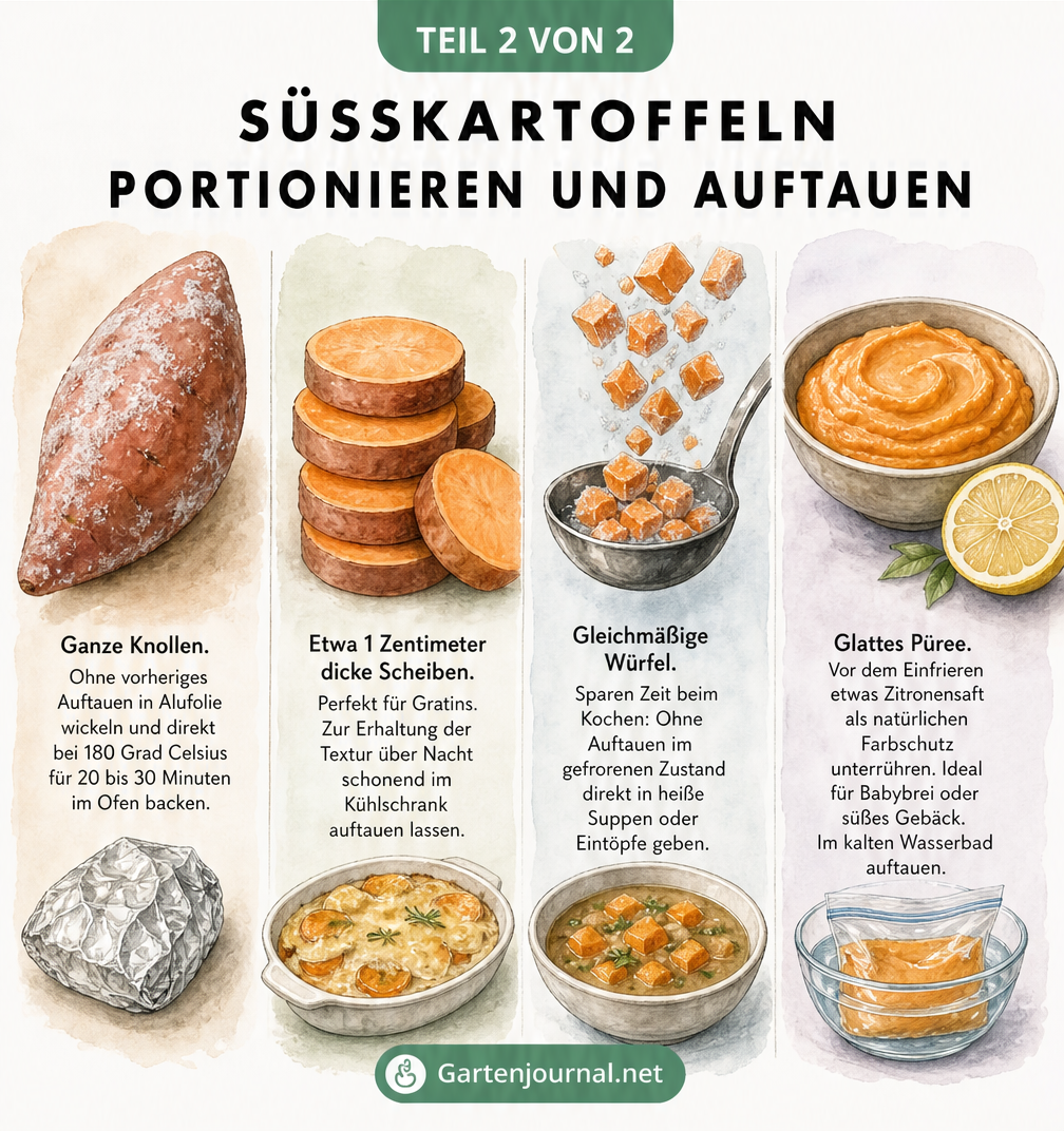 Illustration verschiedener Schnittformen von Süßkartoffeln wie ganze Knollen, Scheiben, Würfel und Püree mit Tipps zum Auftauen