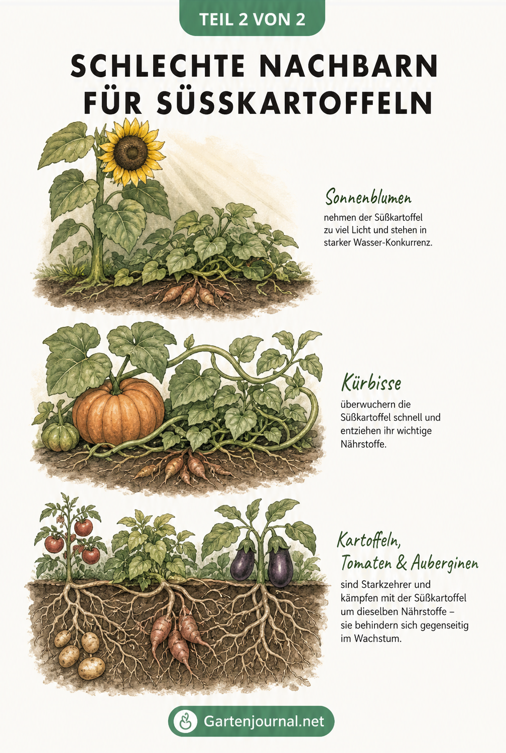 Illustration von Süßkartoffeln in Konkurrenz zu Sonnenblumen, Kürbissen, Kartoffeln, Tomaten und Auberginen.