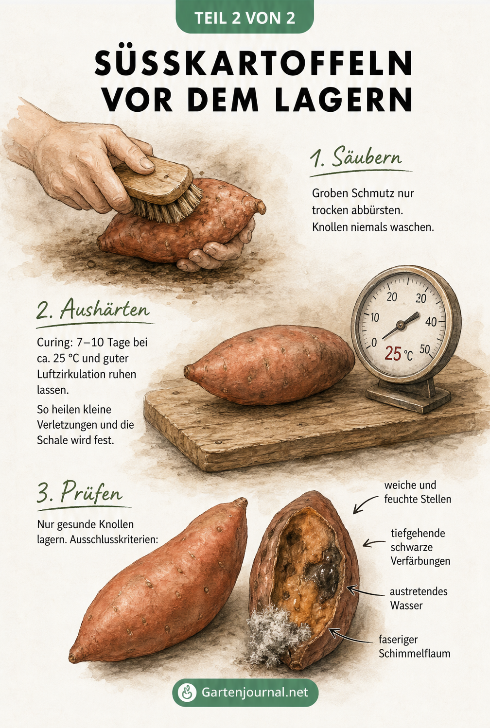 Illustration der Vorbereitung von Süßkartoffeln für die Lagerung, inklusive trockenem Abbürsten, Aushärten bei 25 Grad und Qualitätskontrolle.