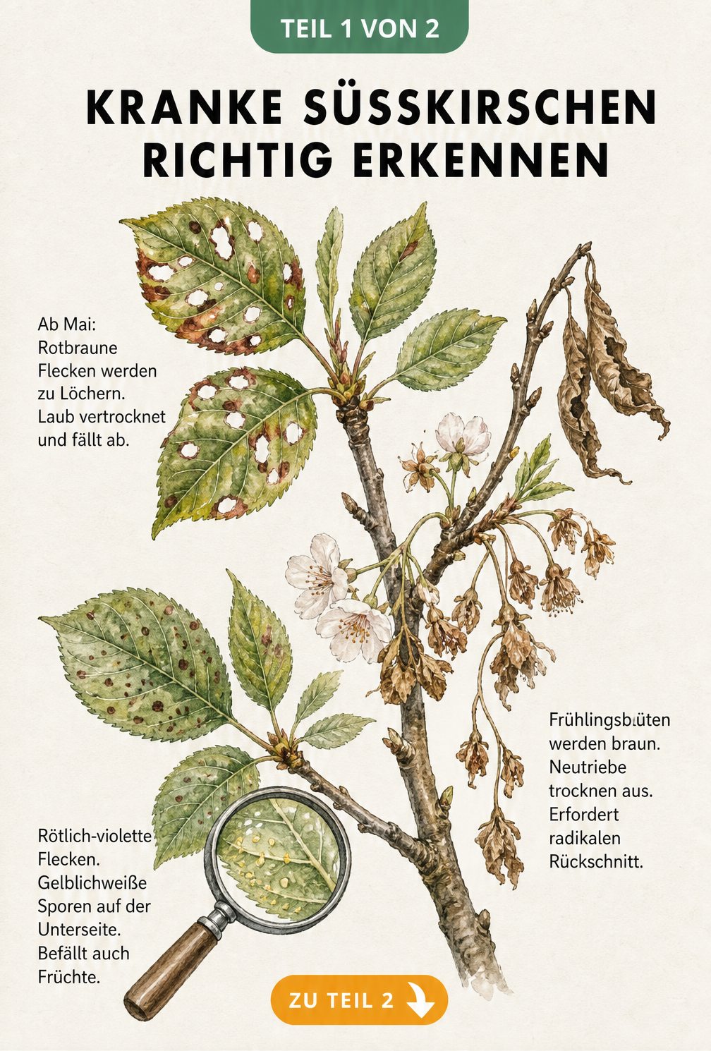 Illustration eines Süßkirschenzweigs mit Symptomen von Schrotschusskrankheit, Sprühfleckenkrankheit und Monilia