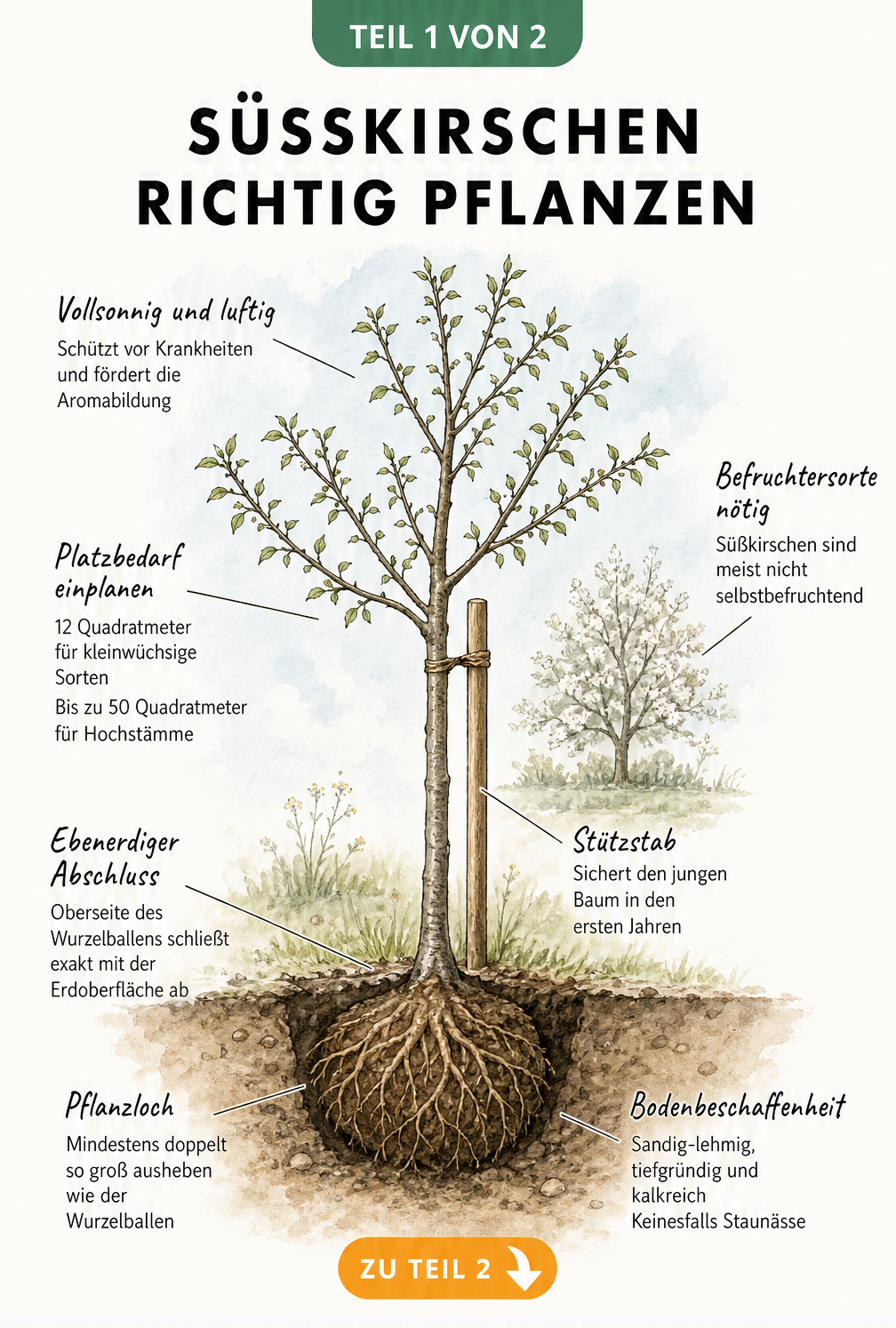 Botanische Querschnitt-Illustration eines jungen Süßkirschbaums im Boden mit Wurzelballen und Stützpfahl