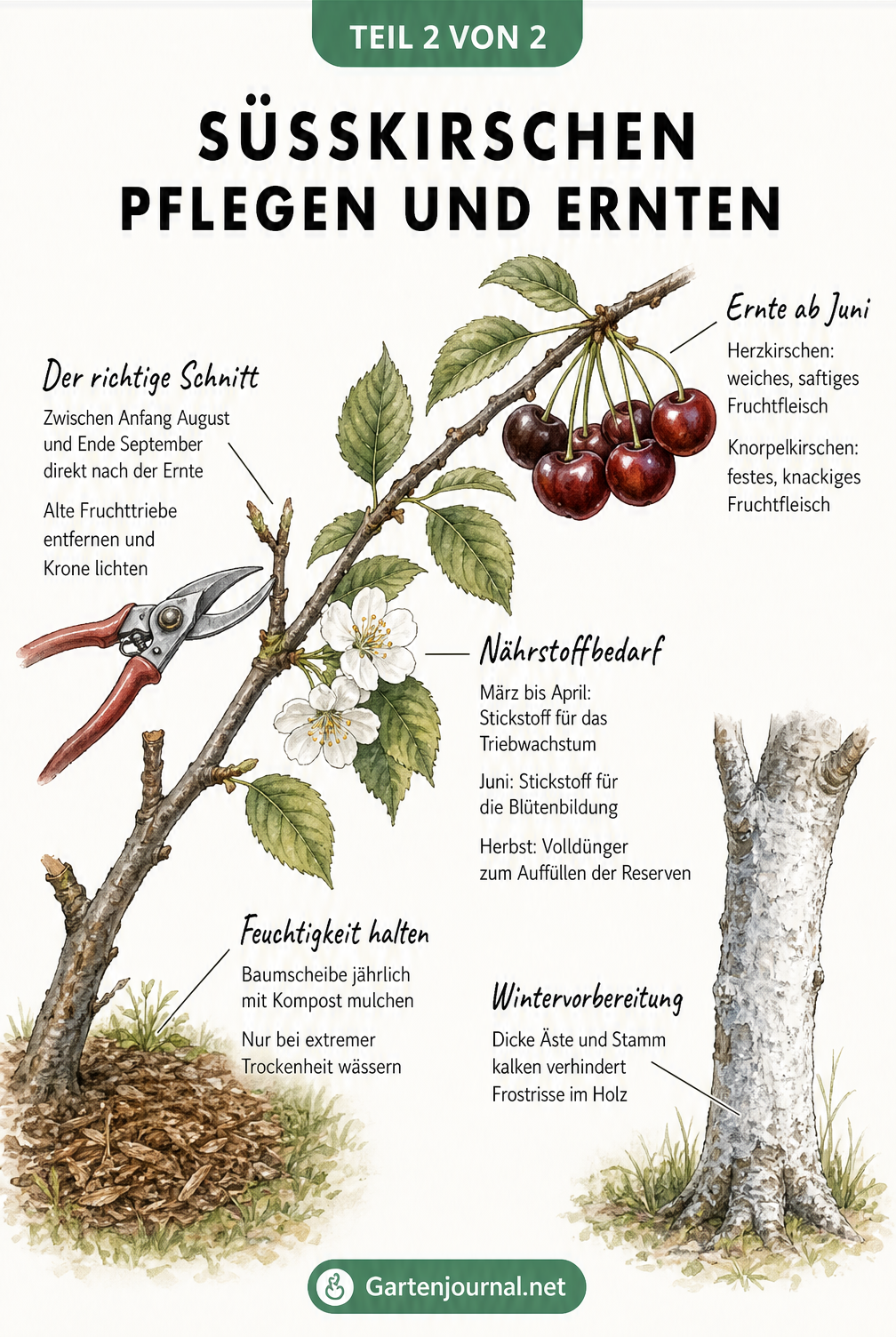Illustration eines Süßkirschen-Astes mit Blüten, Blättern und reifen Früchten sowie Pflegetipps