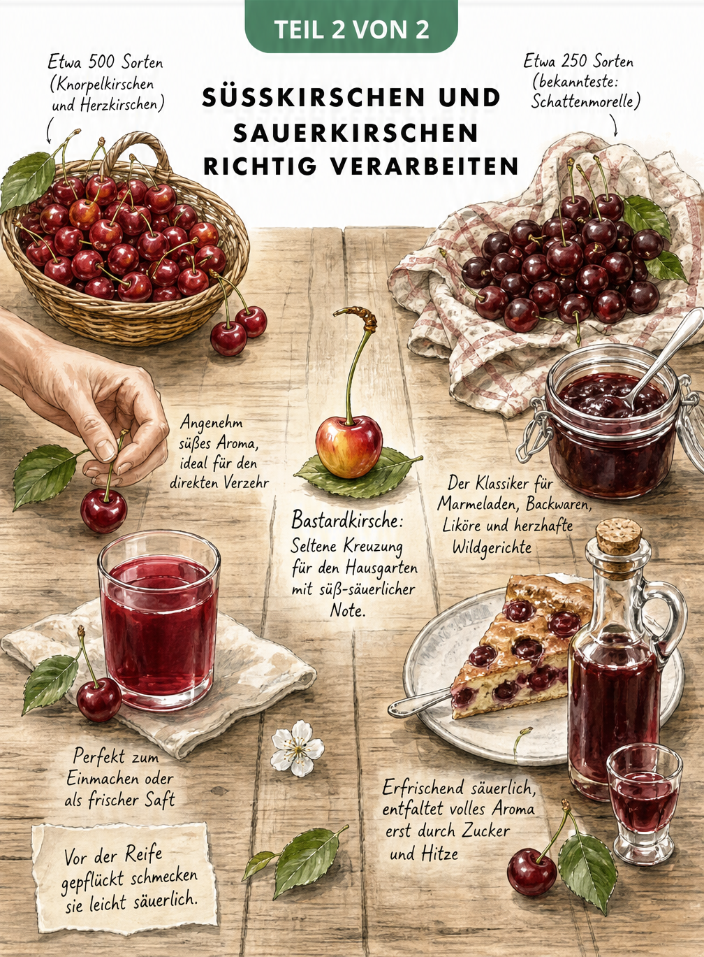 Illustration von Süßkirschen und Sauerkirschen auf einem Holztisch mit Saft, Marmelade und Kuchen