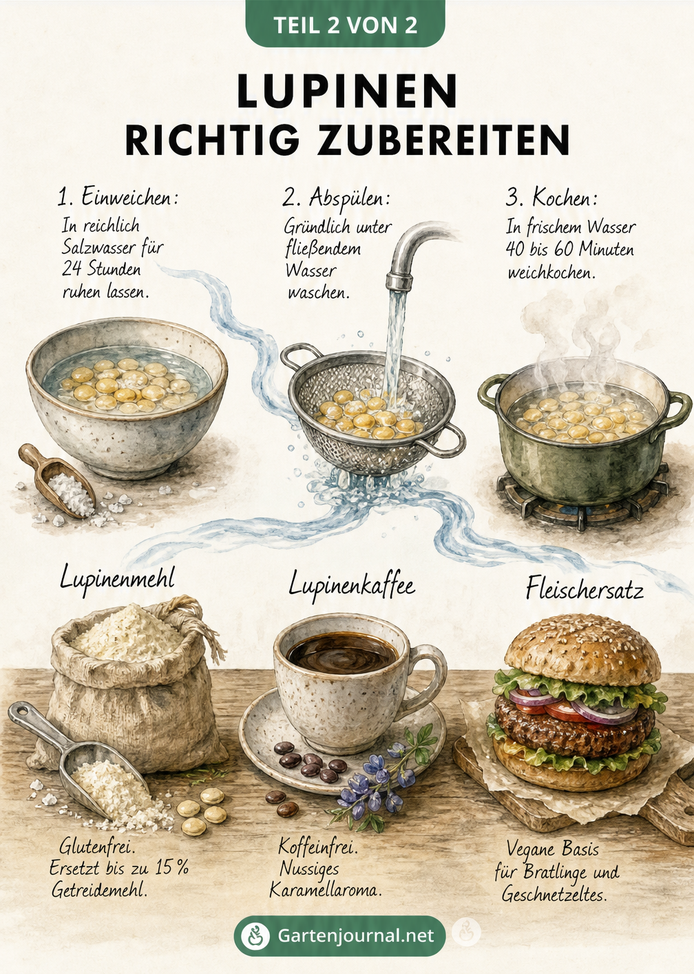Illustration der Zubereitungsschritte für Süßlupinen vom Einweichen über das Abspülen bis zum Kochen sowie daraus hergestellte Produkte wie Mehl und Kaffee