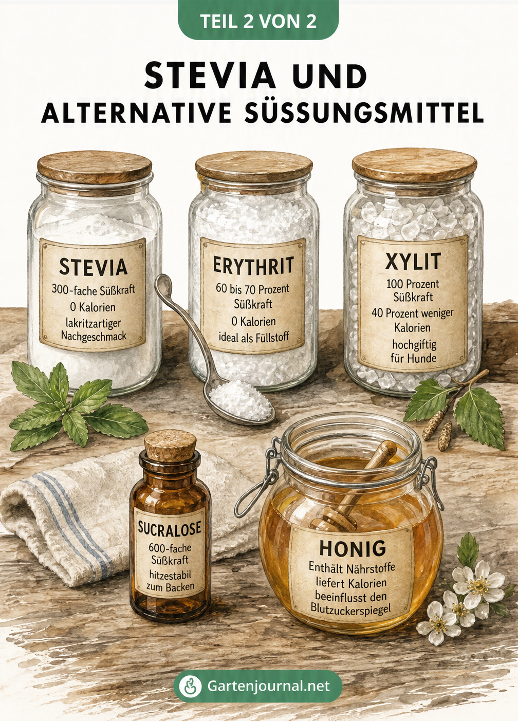 Vergleich verschiedener Süßungsmittel wie Stevia, Erythrit, Xylit, Sucralose und Honig in Vorratsgläsern