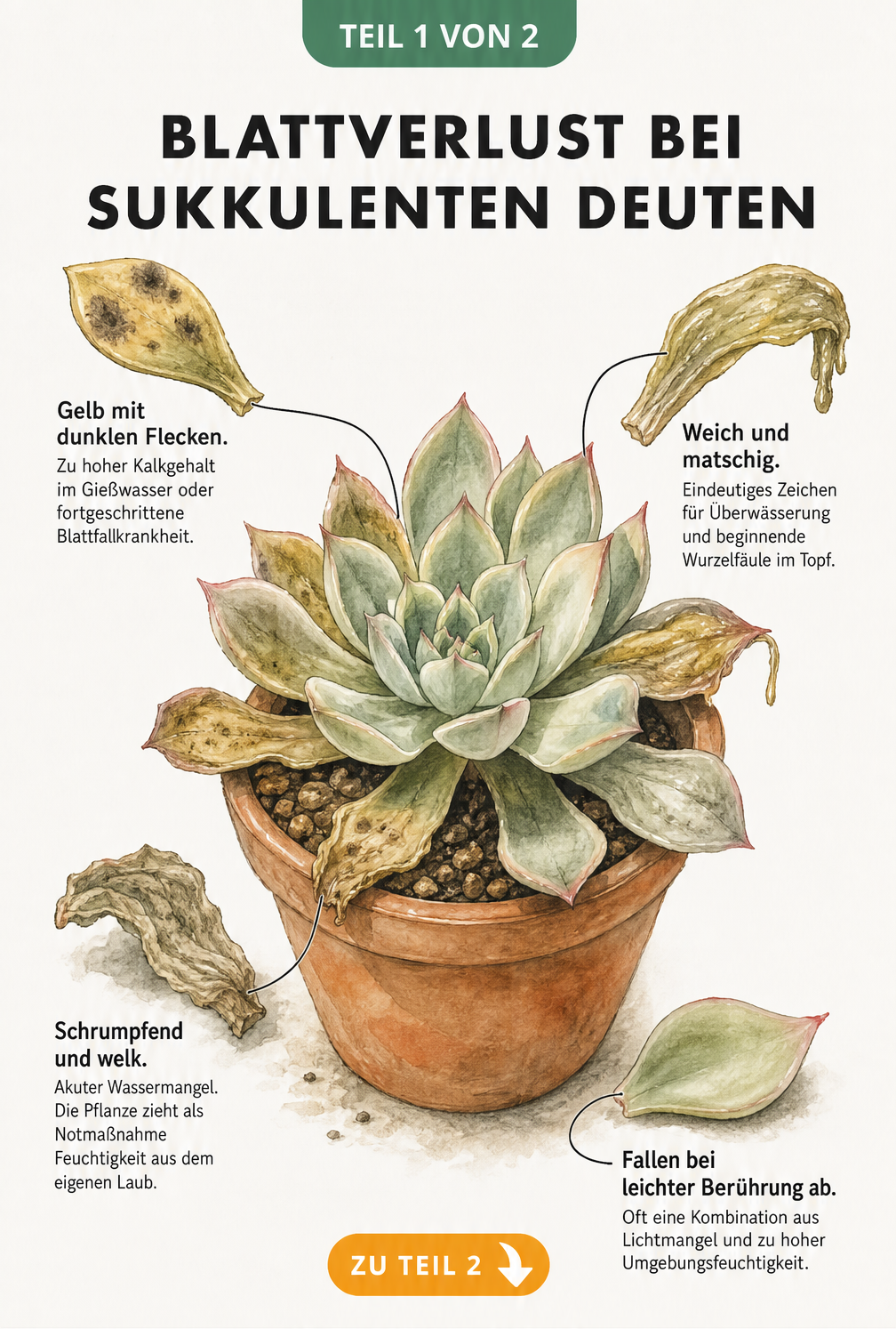 Botanische Illustration einer Sukkulente mit verschiedenen Schadbildern an den Blättern wie gelbe Flecken, schrumpfende oder matschige Blätter.