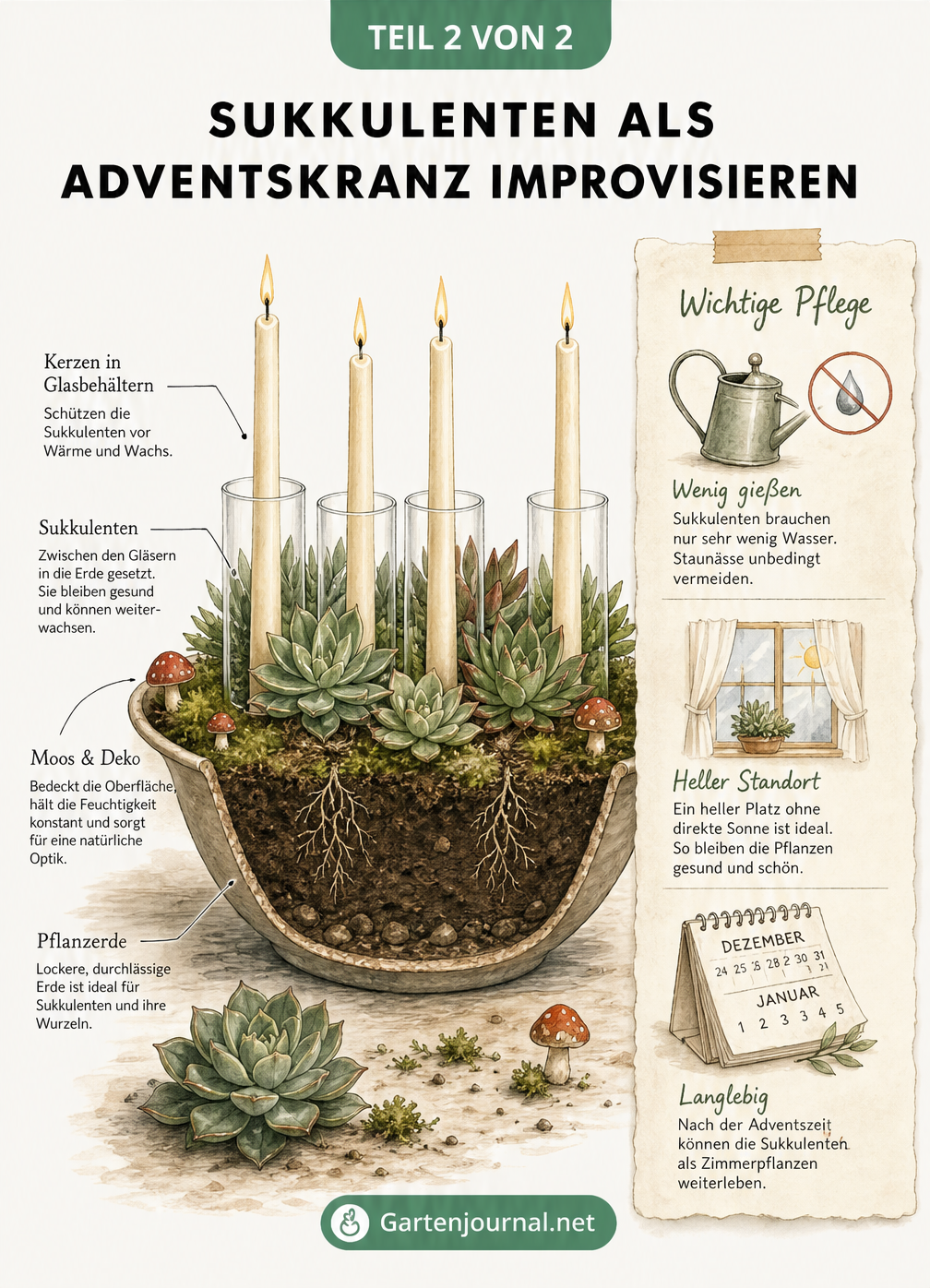 Aufbau und Pflege eines improvisierten Adventskranzes mit Sukkulenten in einer Pflanzschale, inklusive Tipps zu Bewässerung und Standort.