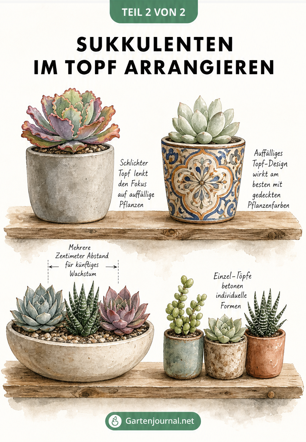 Illustration von Sukkulenten-Arrangements auf Holzbrettern, die das Zusammenspiel von schlichten und bunten Töpfen mit Pflanzenfarben sowie den Unterschied...