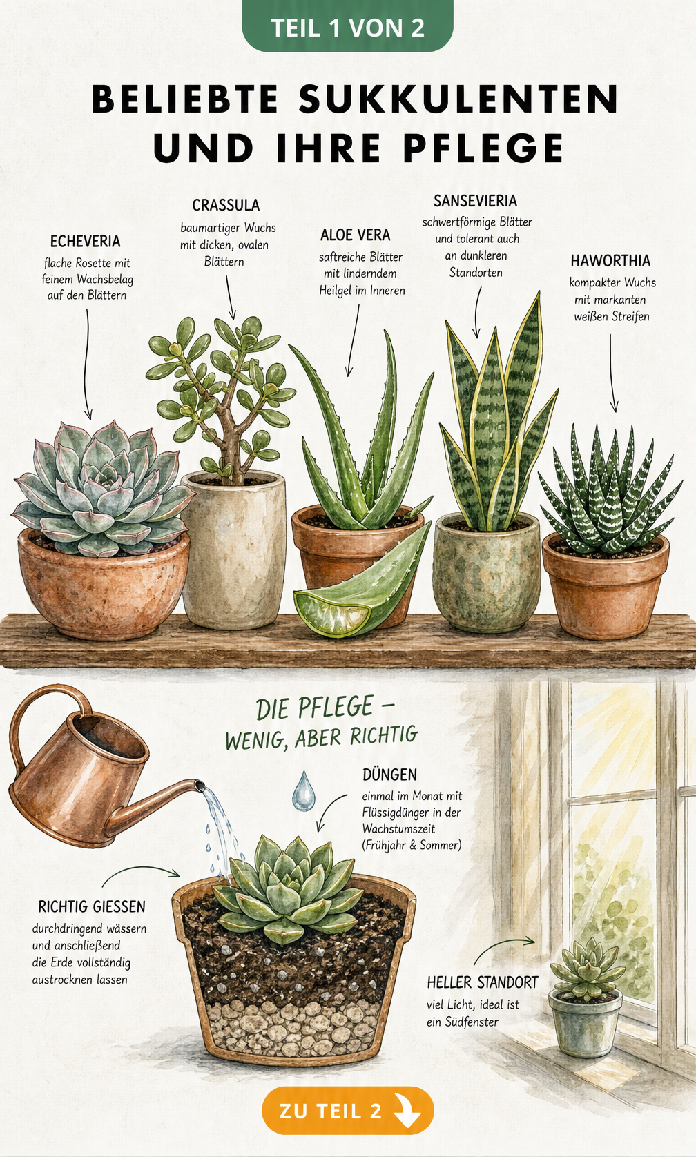 Botanische Lehrtafel mit fünf beliebten Sukkulenten-Arten wie Echeveria und Aloe vera sowie einer Querschnitt-Darstellung zur richtigen Pflege mit...