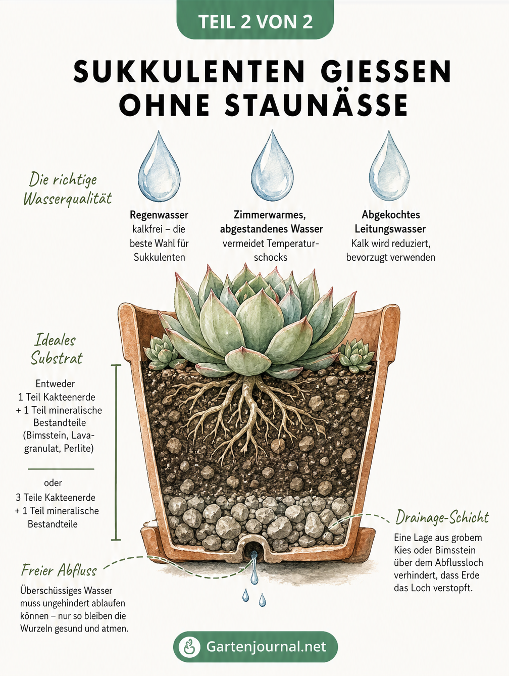 Querschnitt eines Terrakotta-Topfes mit Sukkulente, der die ideale Substratmischung, Drainage und geeignete Wasserarten zeigt