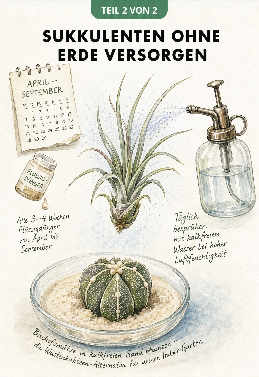 Aquarell-Illustration zur Pflege von Tillandsien ohne Erde: Tägliches Besprühen mit kalkfreiem Wasser und Düngen von April bis September.