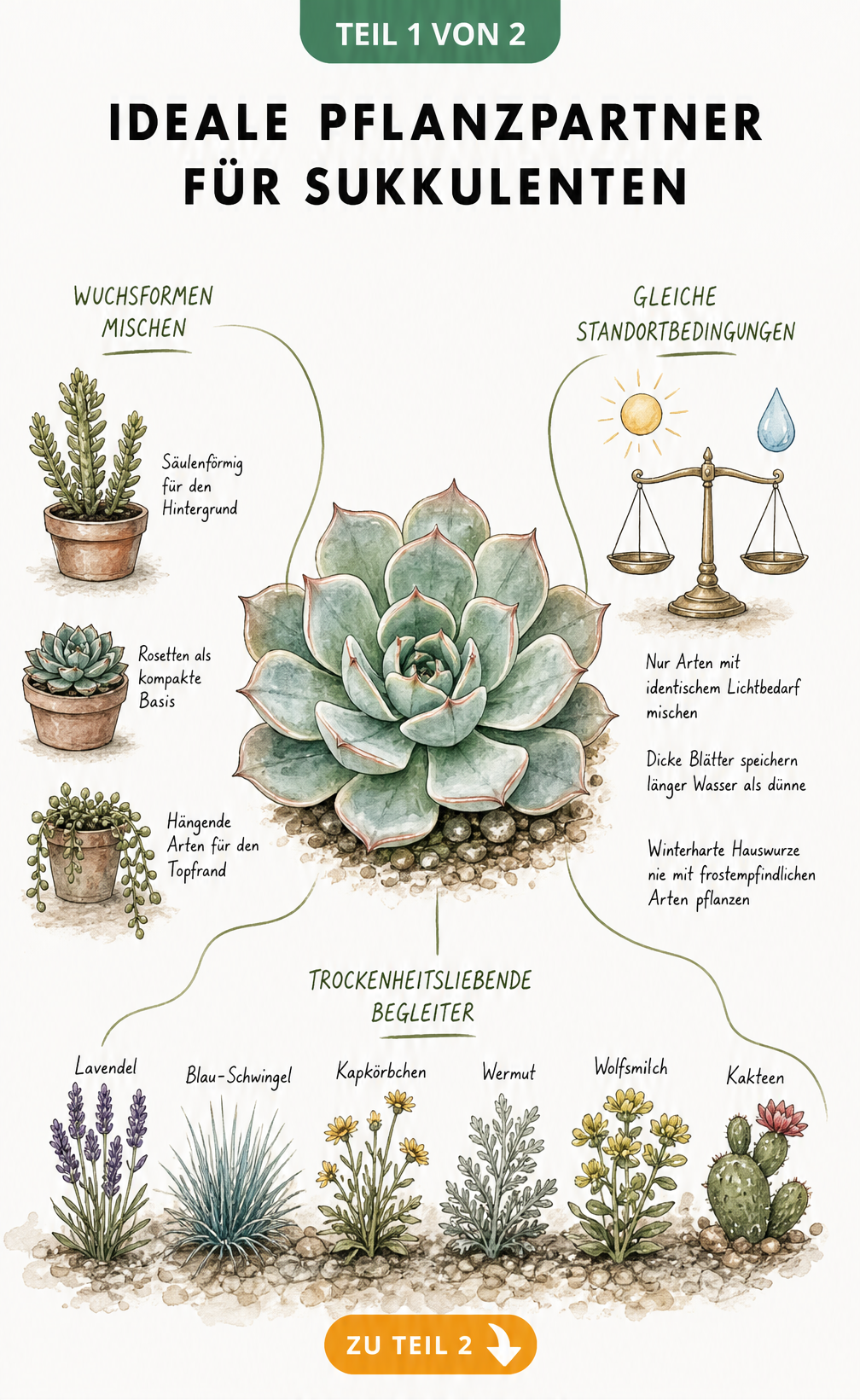 Aquarell-Illustration einer Echeveria mit drei Clustern zu Wuchsformen, Standortbedingungen und Begleitpflanzen für Sukkulenten