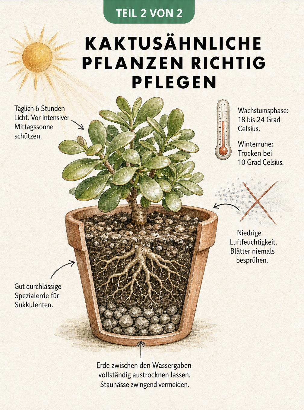 Querschnitt eines Blumentopfs mit einem Geldbaum, der die optimalen Bedingungen für Licht, Temperatur, Luftfeuchtigkeit und Bewässerung zeigt