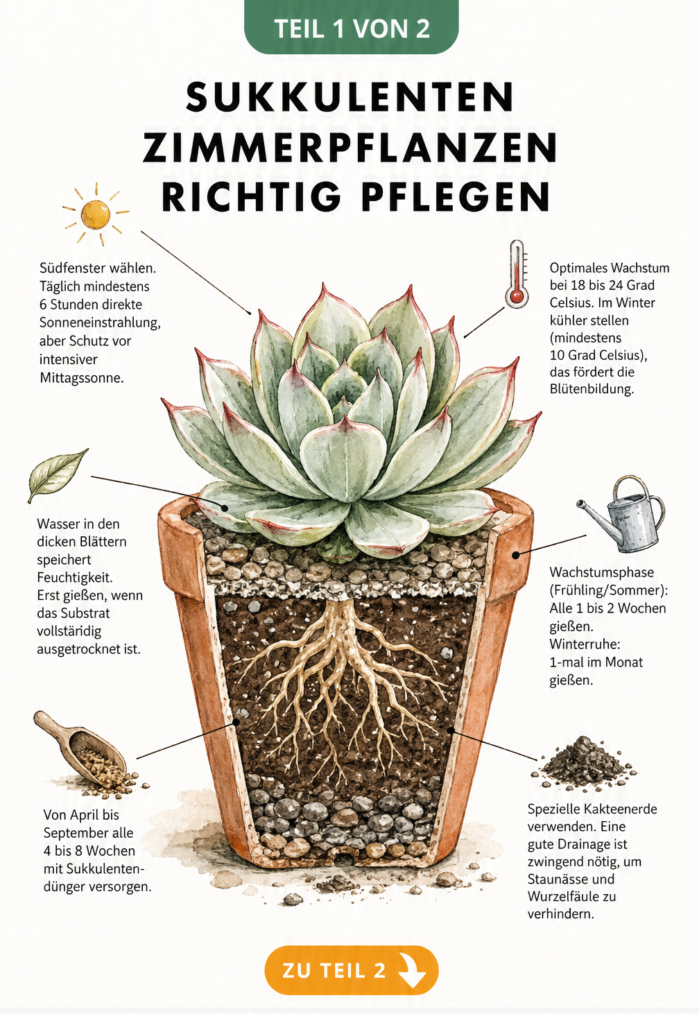 Botanische Illustration einer Echeveria im Querschnitt mit Pflegehinweisen zu Licht, Temperatur, Wasser und Erde