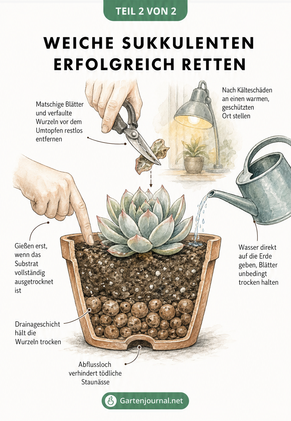 Skizze eines Pflanztopfes im Querschnitt, die zeigt, wie man eine Sukkulente durch Beschneiden, Umtopfen mit Drainageschicht und richtiges Gießen rettet.