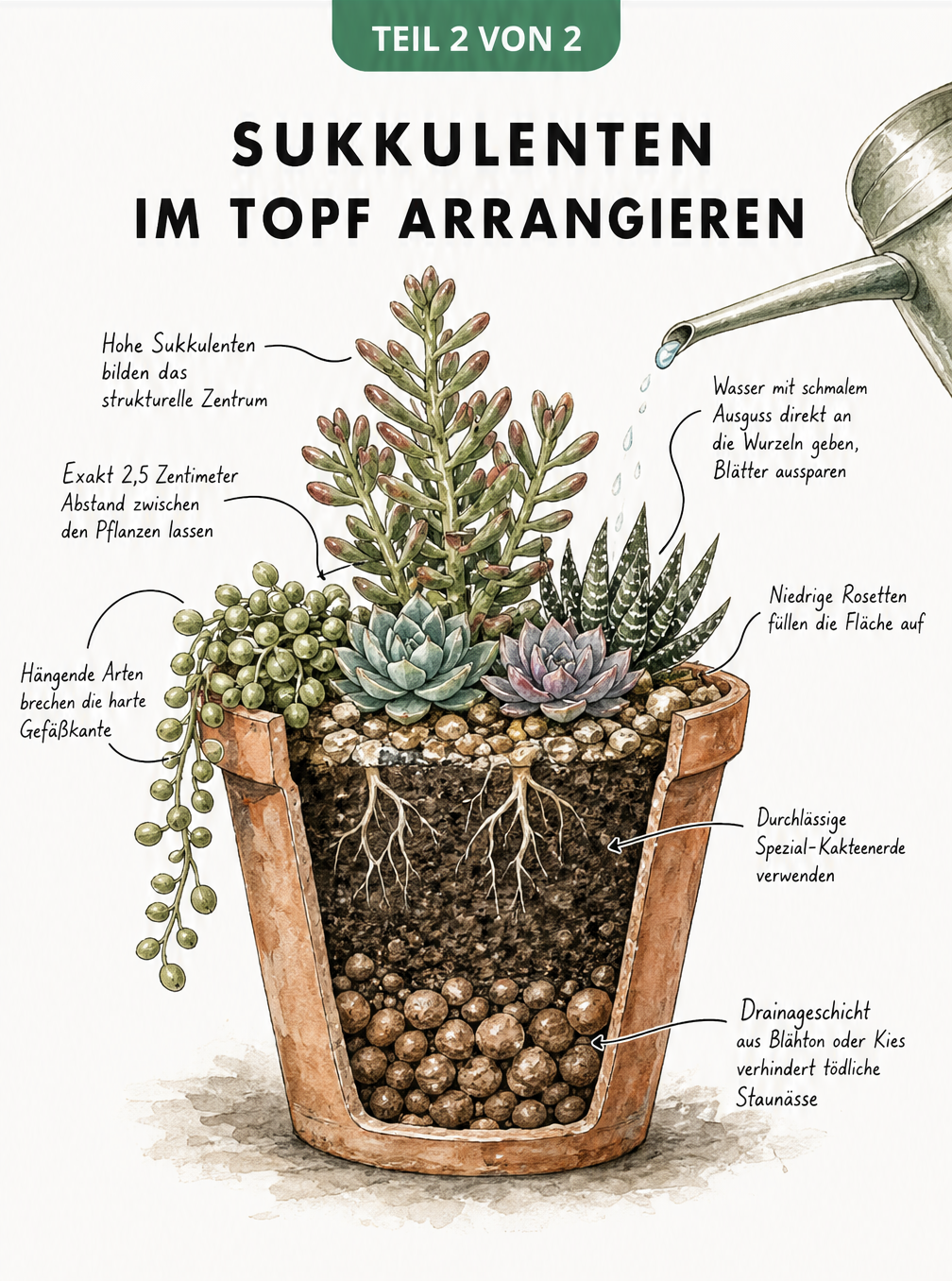 Handgezeichneter Querschnitt eines Terrakotta-Topfes mit Sukkulenten, der Drainageschicht, Kakteenerde und Pflanzabstände zeigt