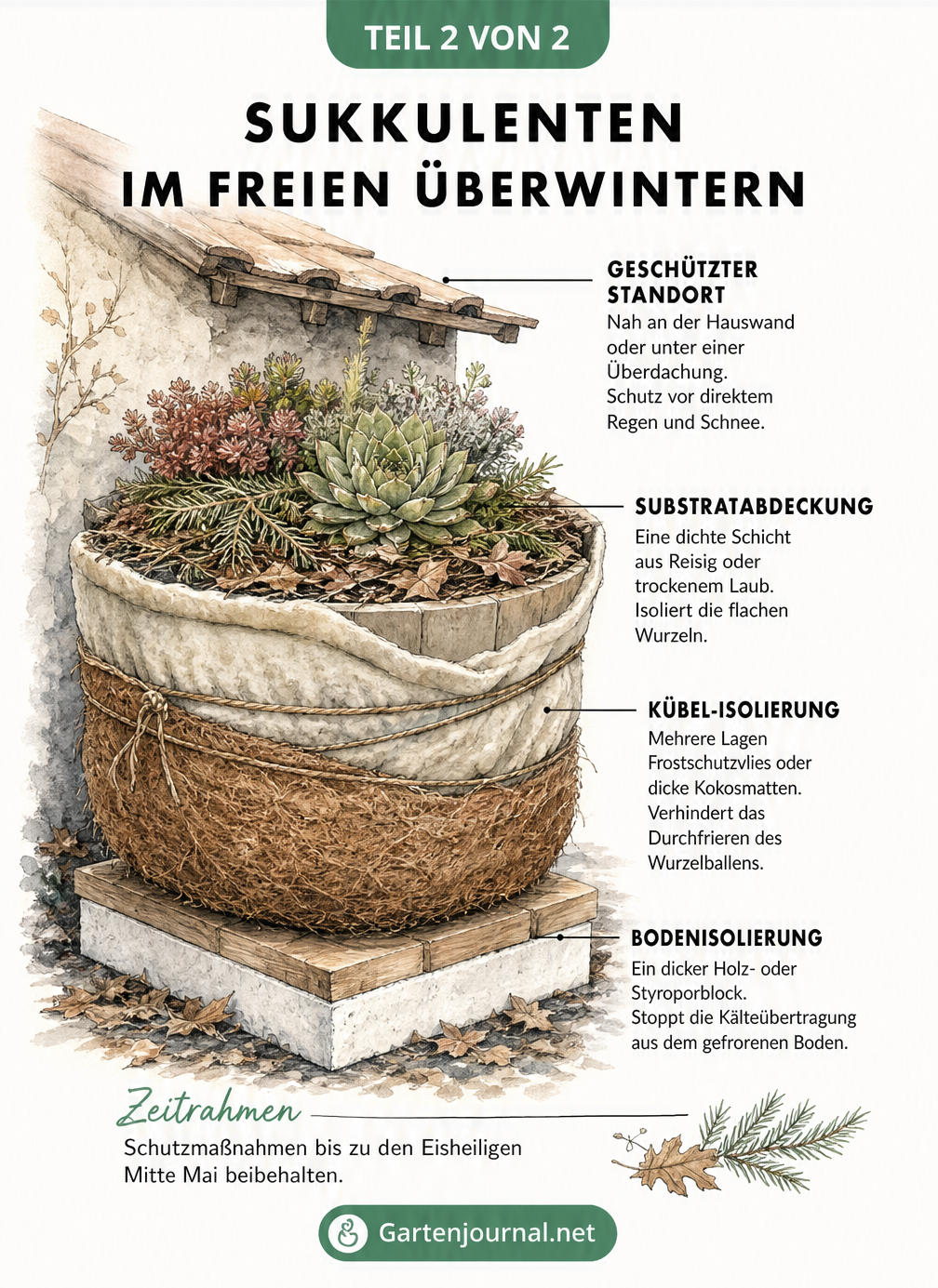 Schnittzeichnung eines Pflanzkübels mit winterharten Sukkulenten, die den Schichtaufbau des Winterschutzes aus Reisig, Vlies und Styropor zeigt