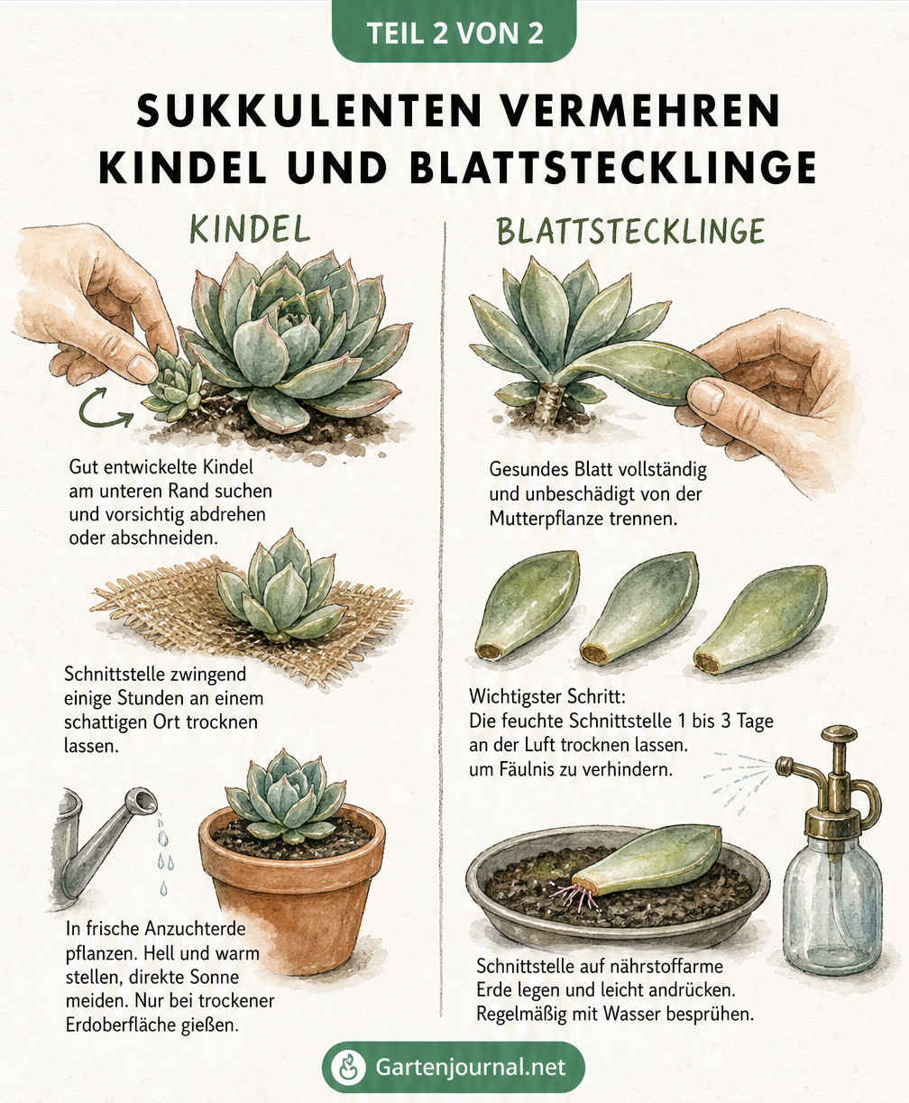 Schritt-für-Schritt-Anleitung zur Vermehrung von Sukkulenten durch Kindel und Blattstecklinge