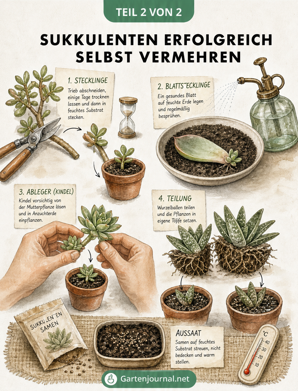Illustration einer Pflanzmatte aus der Vogelperspektive, die vier Methoden zur Vermehrung von Sukkulenten zeigt: Stecklinge, Blattstecklinge, Ableger und...