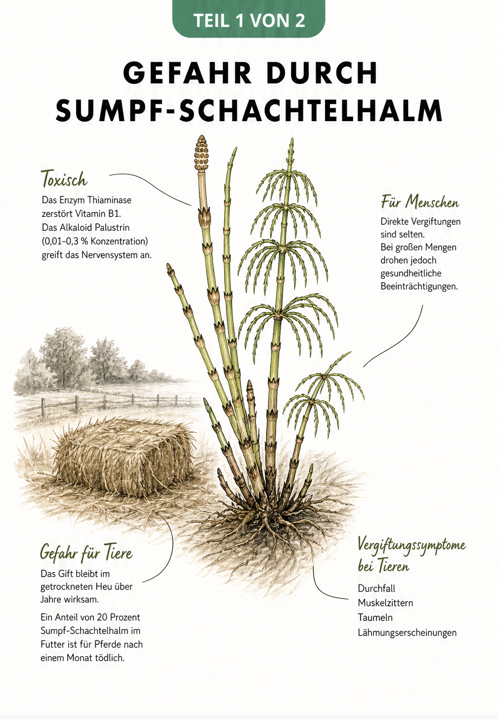 Botanische Illustration des Sumpf-Schachtelhalms mit Hinweisen zu Giftstoffen und Vergiftungssymptomen bei Tieren