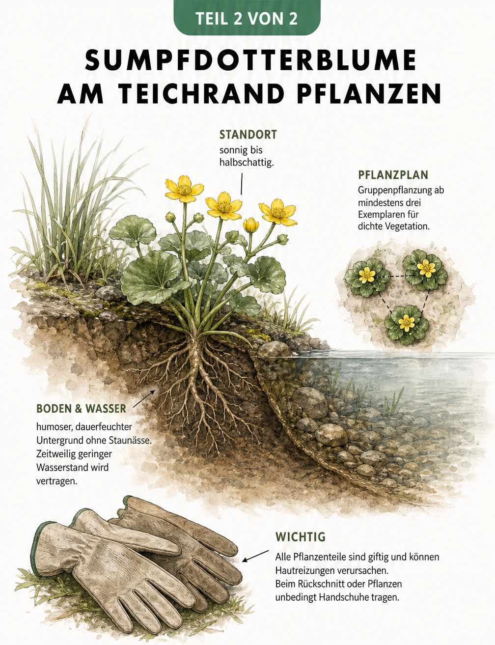 Querschnitt eines Gartenteichufers mit einer blühenden Sumpfdotterblume und Hinweisen zur Pflanzung