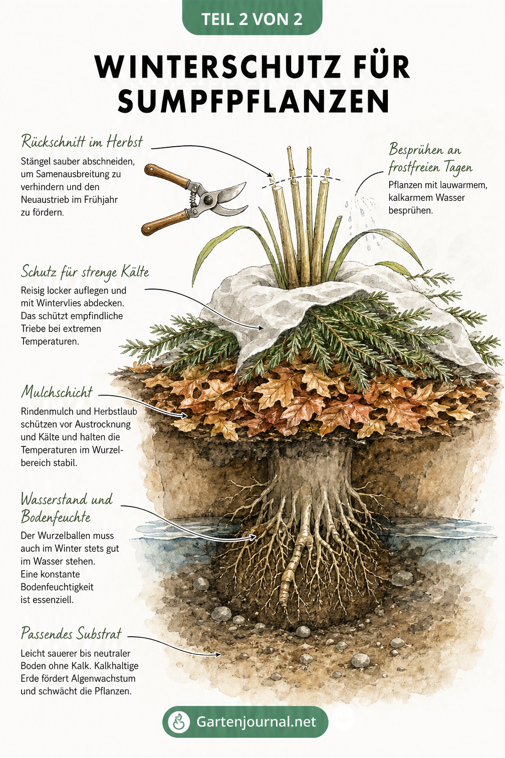 Querschnitt eines Sumpfbeetes im Winter mit Rindenmulch, Reisig, Wintervlies und Hinweisen zum Rückschnitt und Wässern.